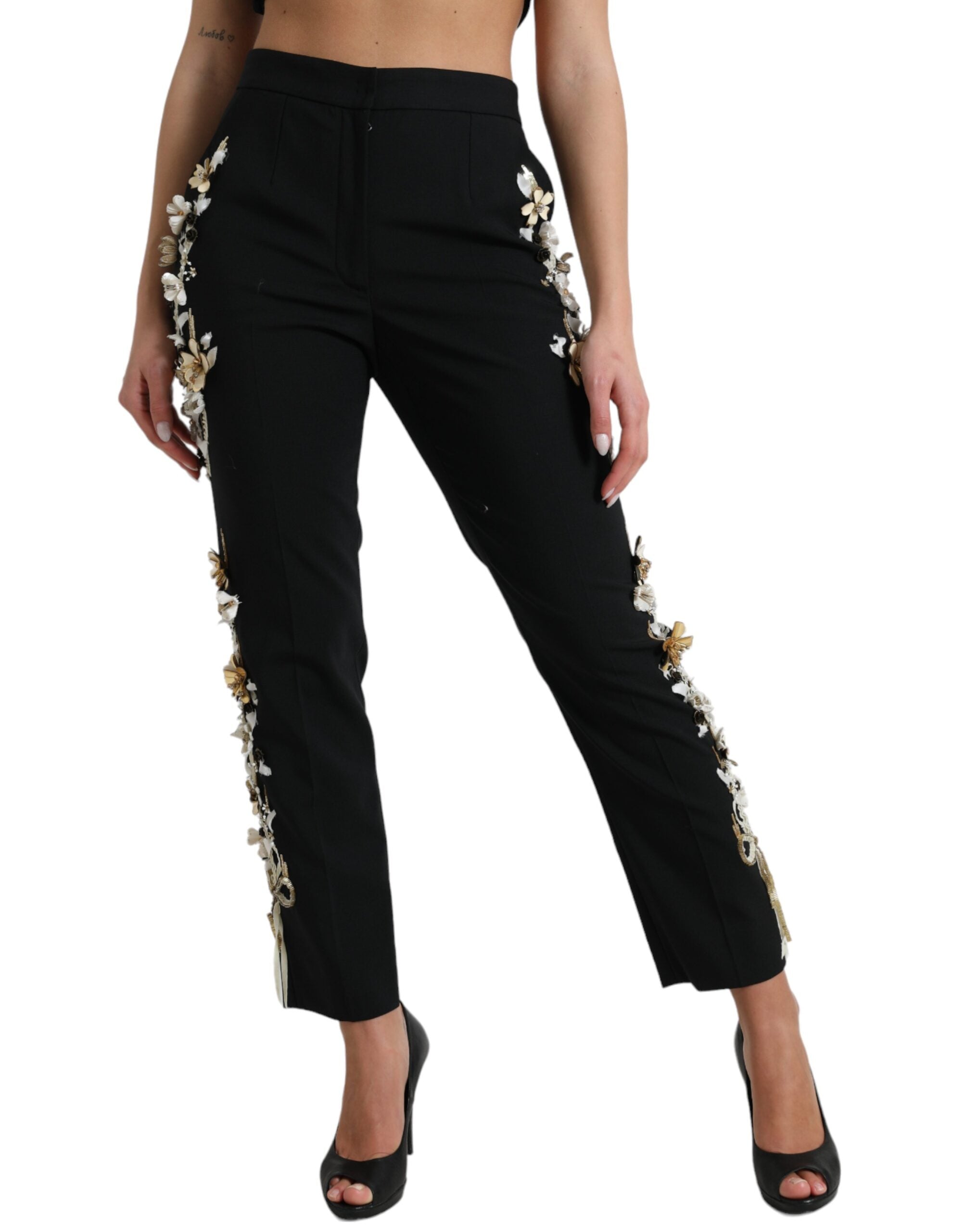 Black Floral Applique High Waist Tapered Pants - ventzia