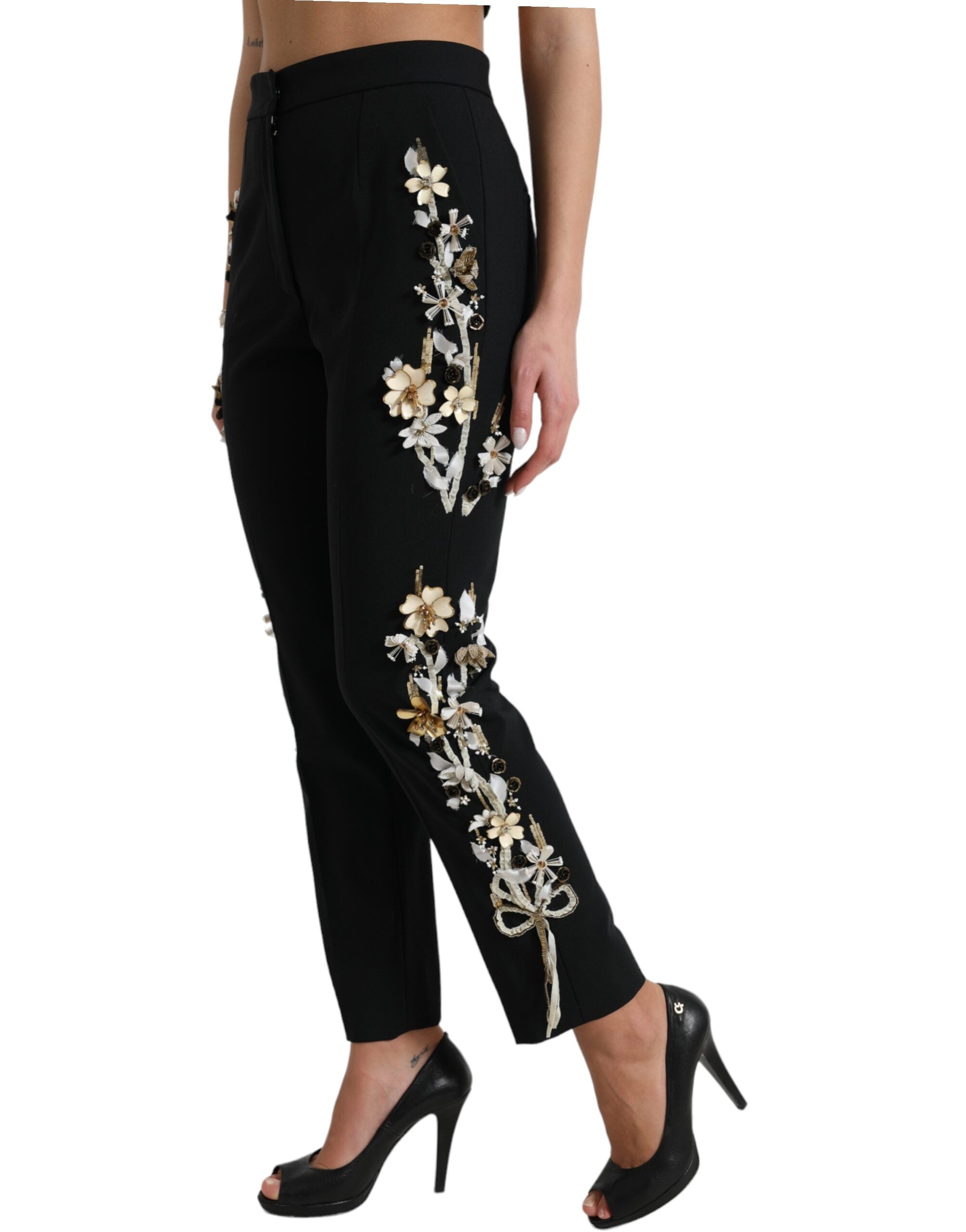 Black Floral Applique High Waist Tapered Pants - ventzia