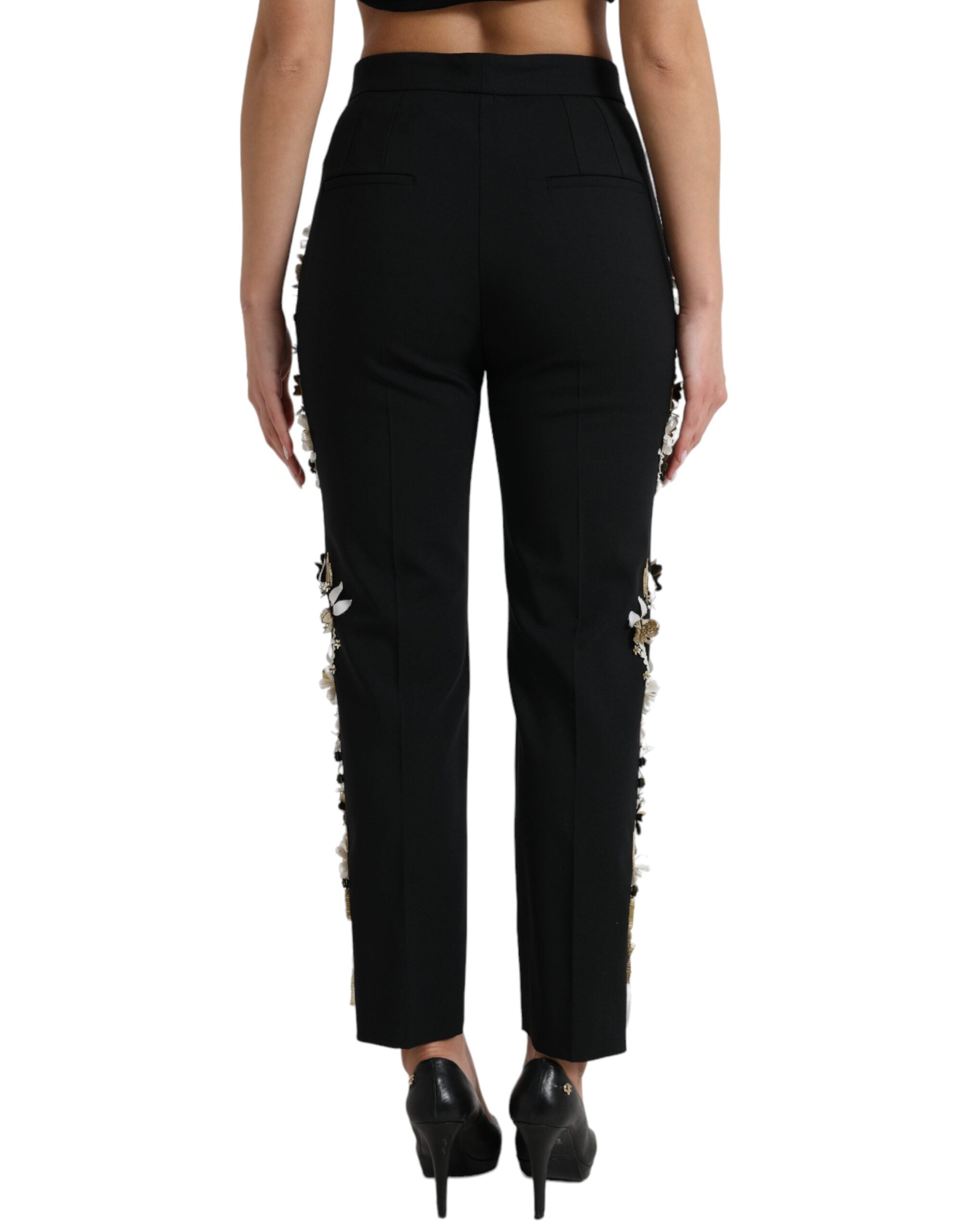 Black Floral Applique High Waist Tapered Pants - ventzia