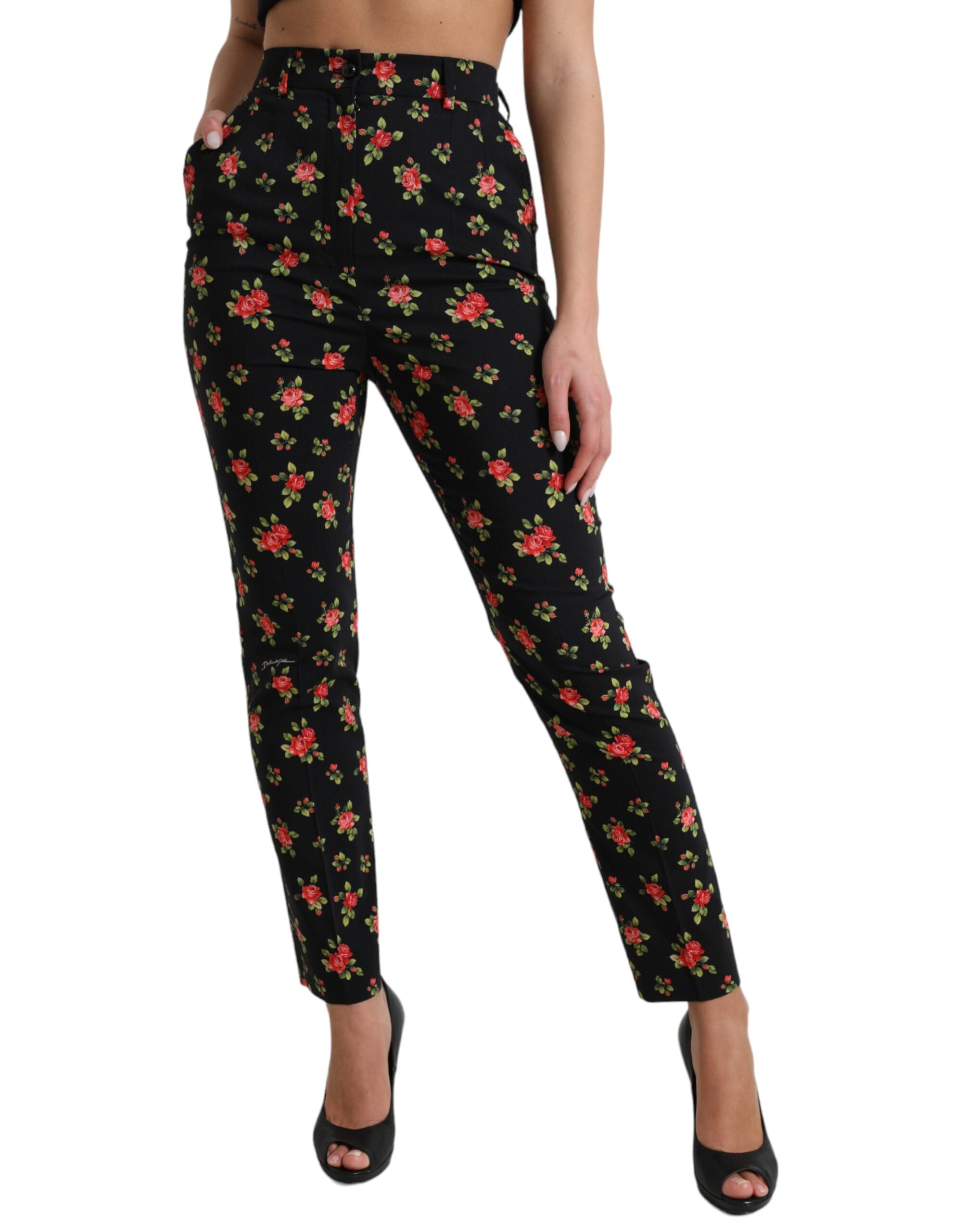 Black Floral Wool High Waist Tapered Pants - ventzia