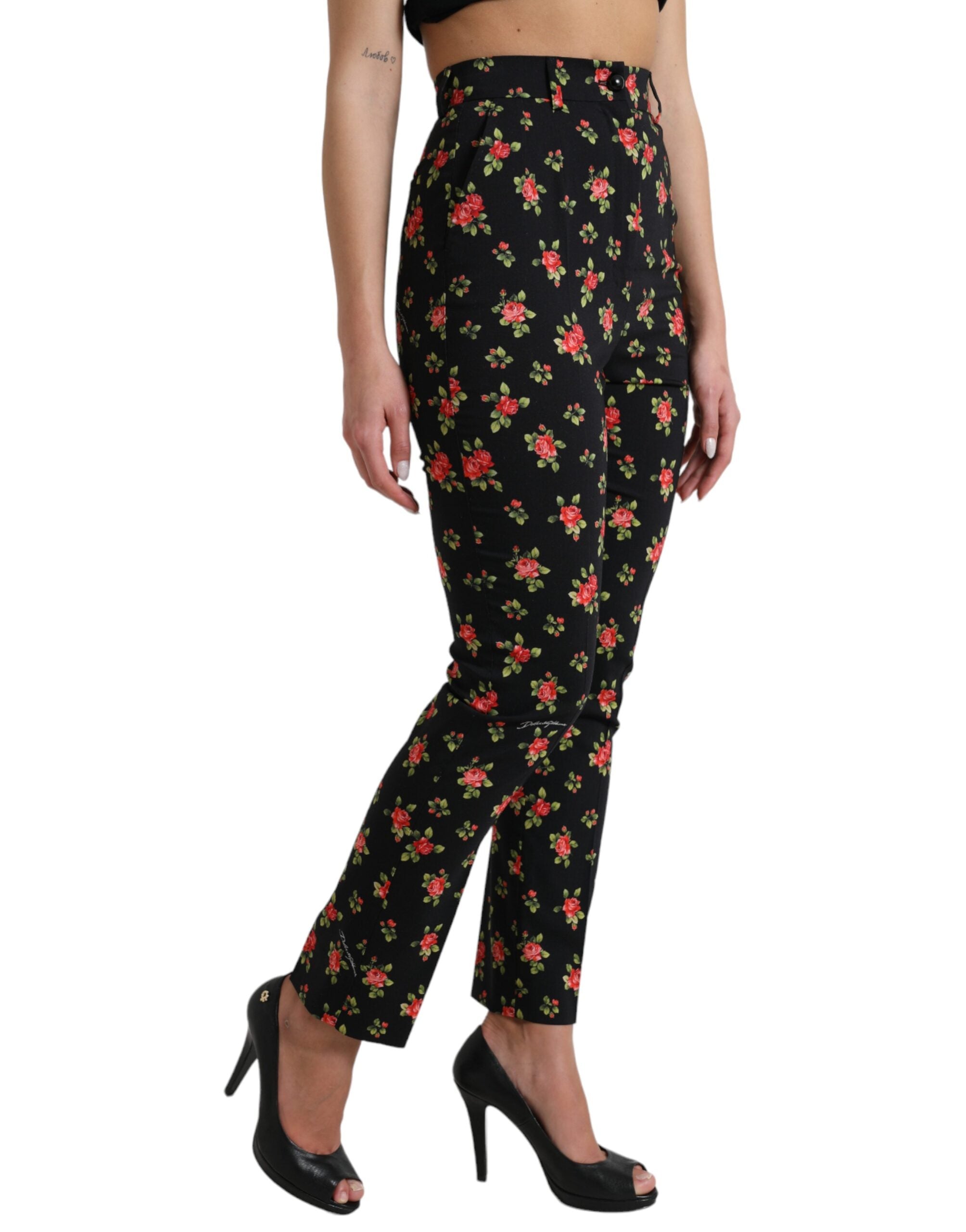 Black Floral Wool High Waist Tapered Pants - ventzia