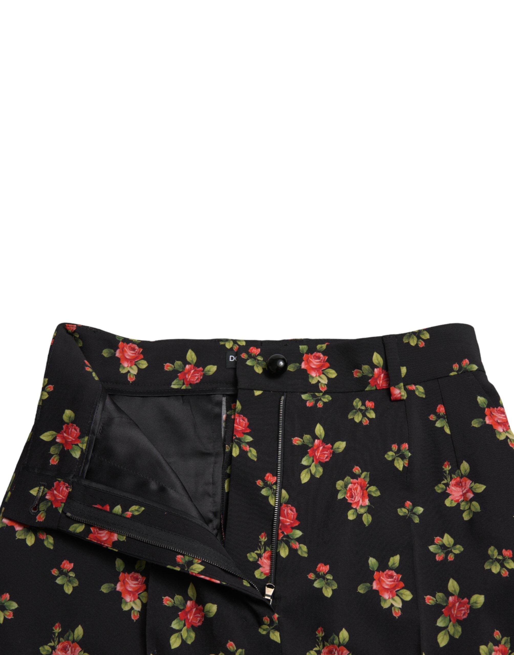 Black Floral Wool High Waist Tapered Pants - ventzia