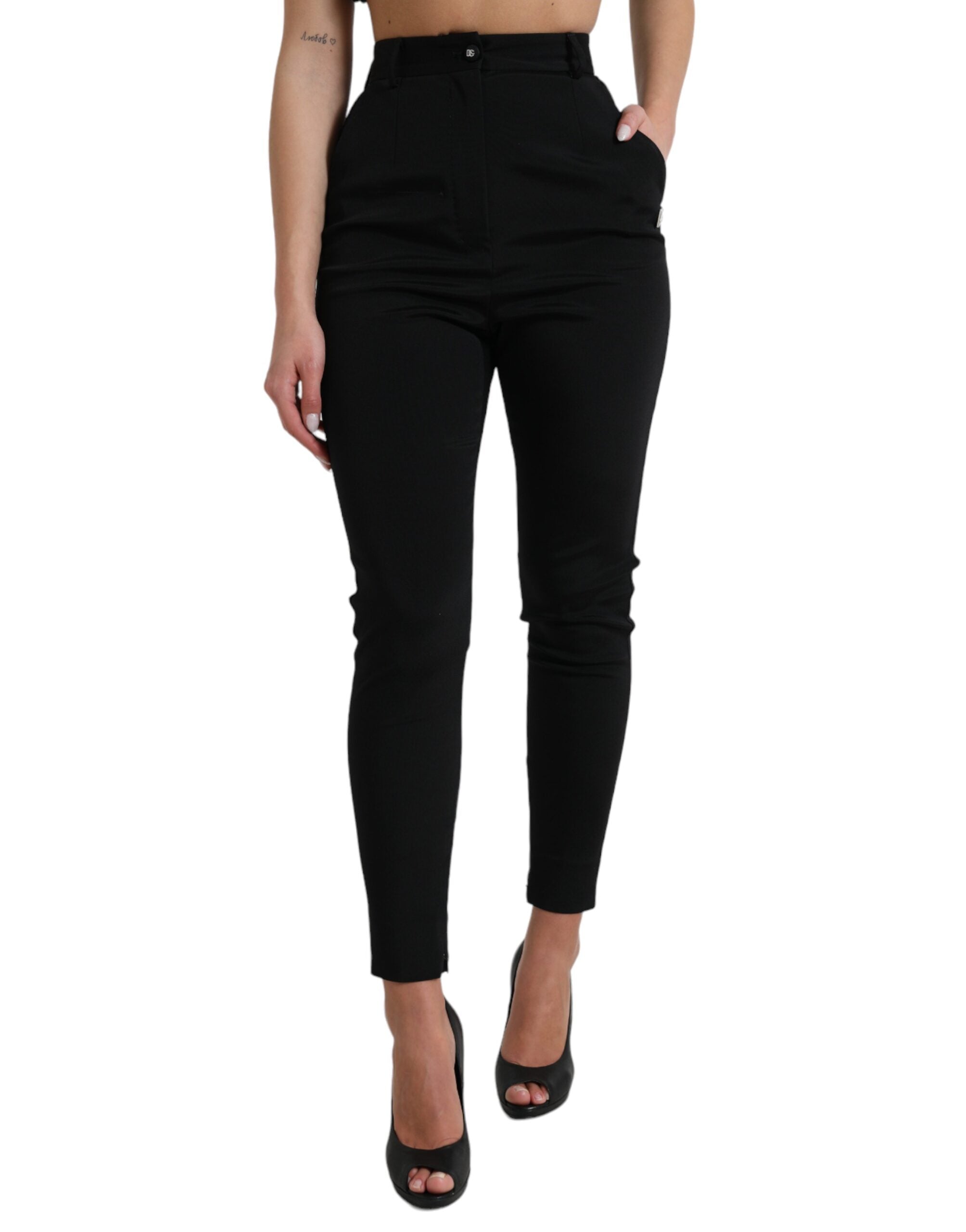 Black Wool Stretch High Waist Skinny Pants - ventzia