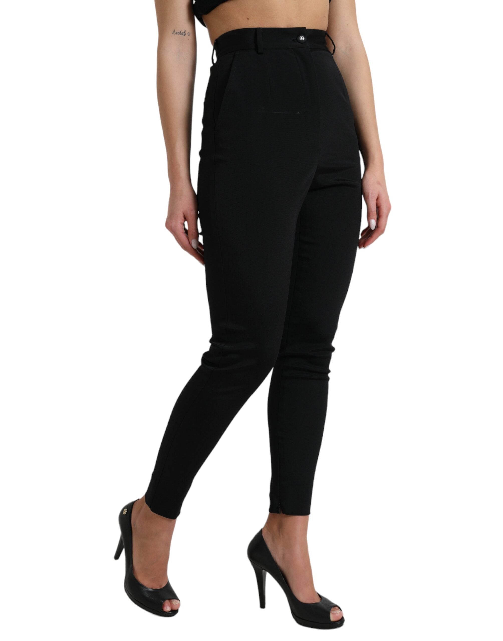 Black Wool Stretch High Waist Skinny Pants - ventzia