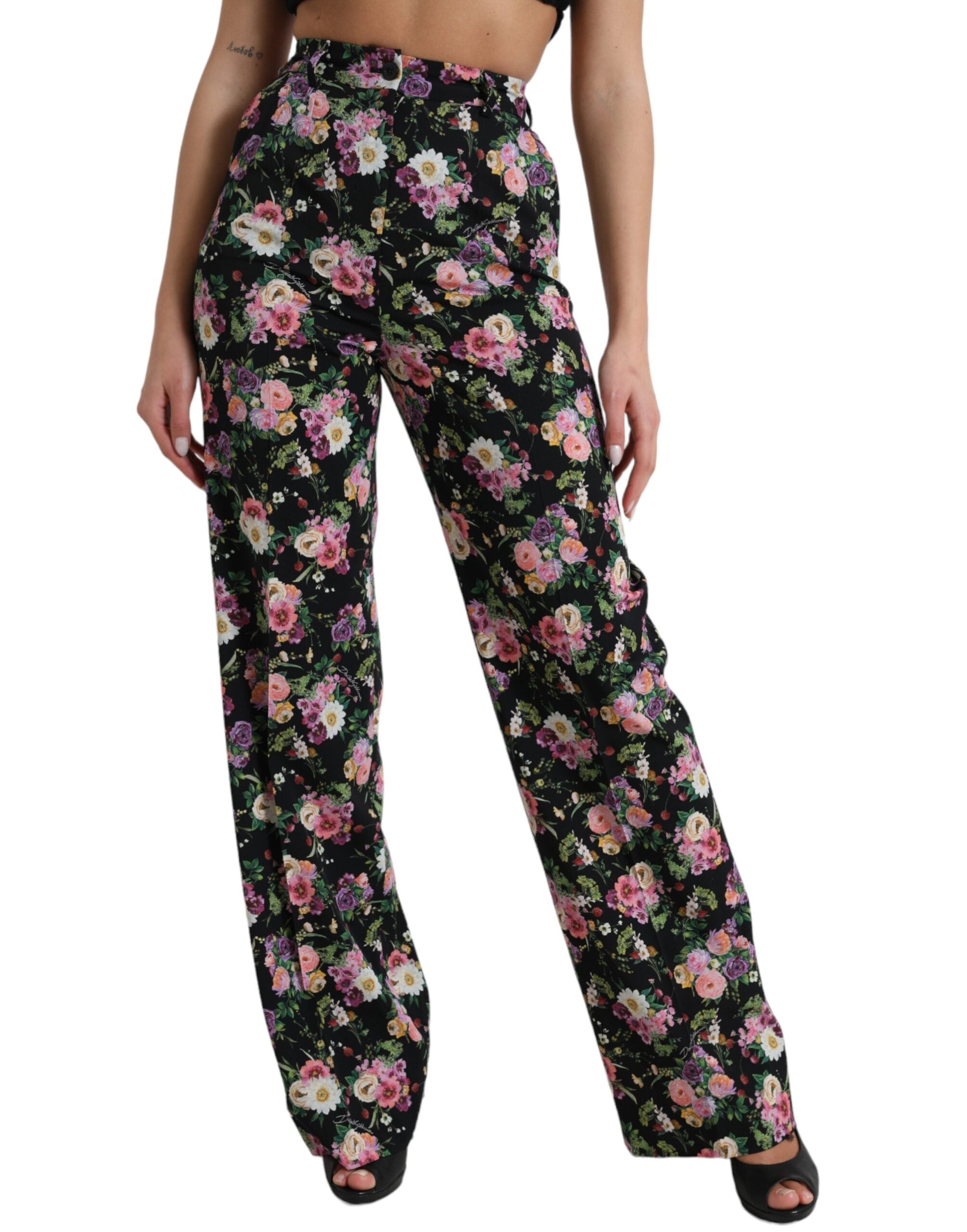 Black Floral Wool High Waist Wide Leg Pants - ventzia