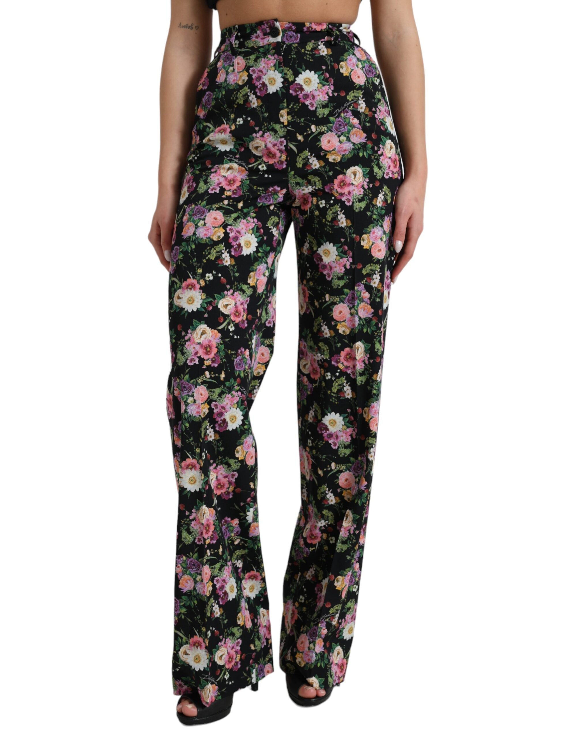 Black Floral Wool High Waist Wide Leg Pants - ventzia