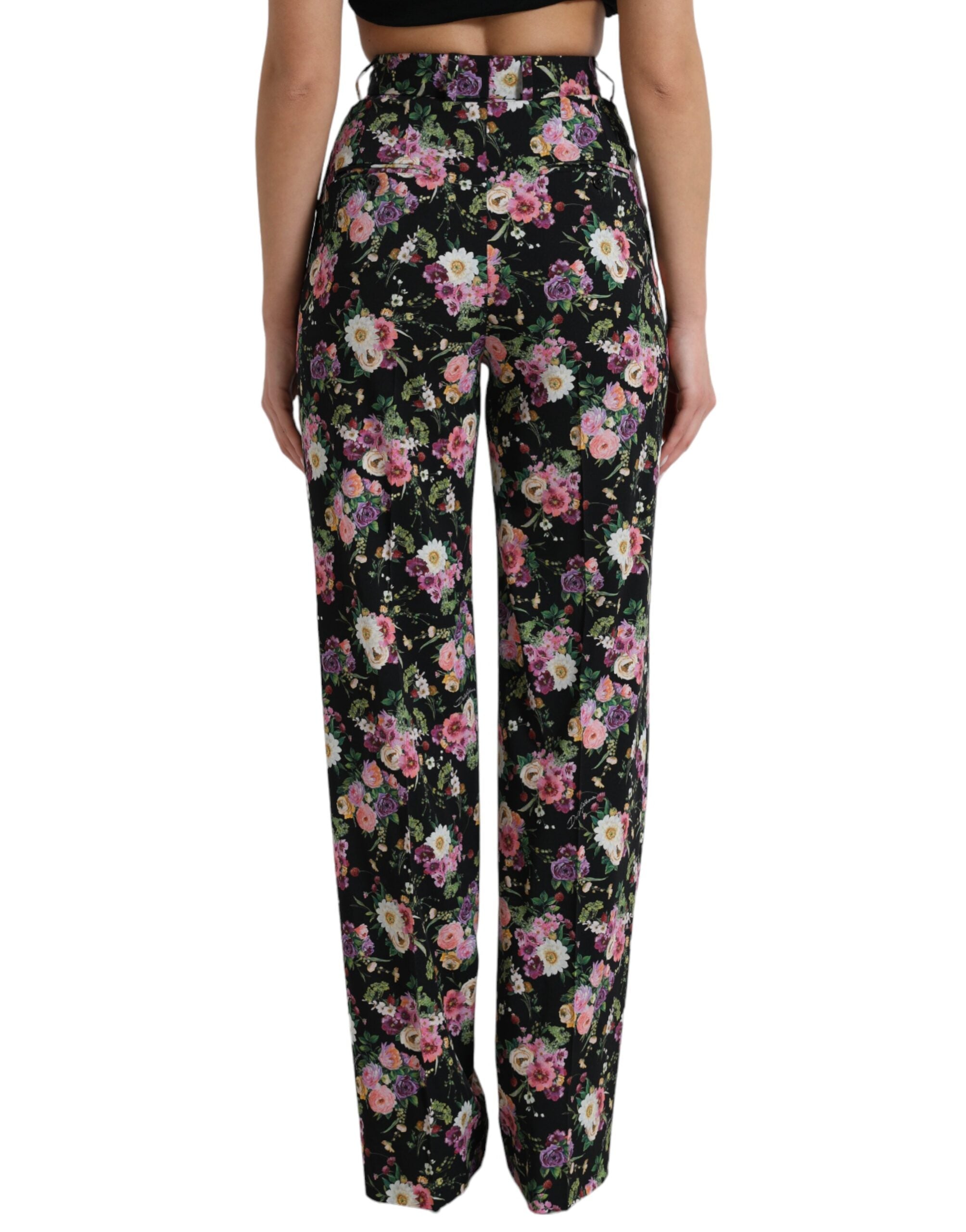 Black Floral Wool High Waist Wide Leg Pants - ventzia
