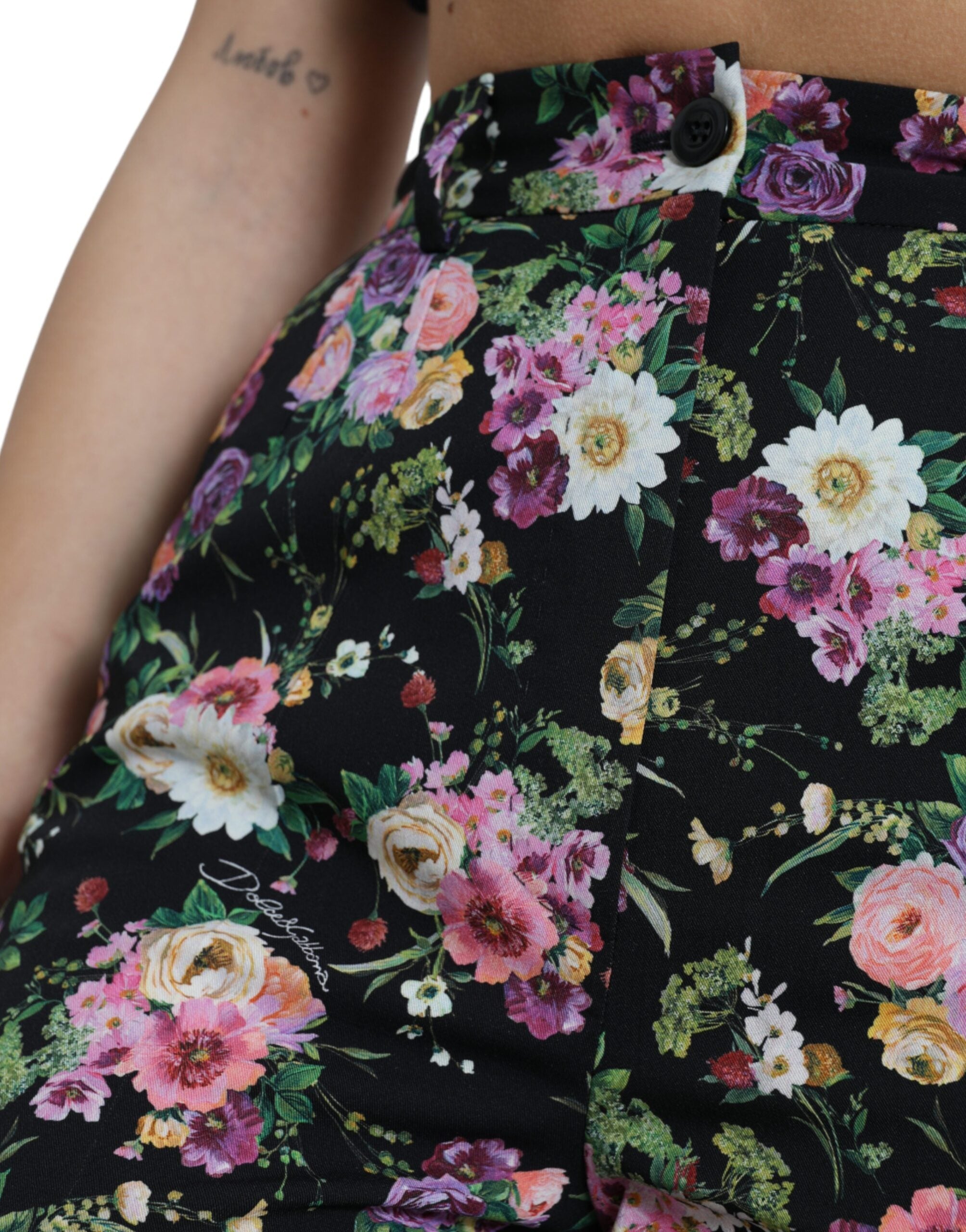 Black Floral Wool High Waist Wide Leg Pants - ventzia