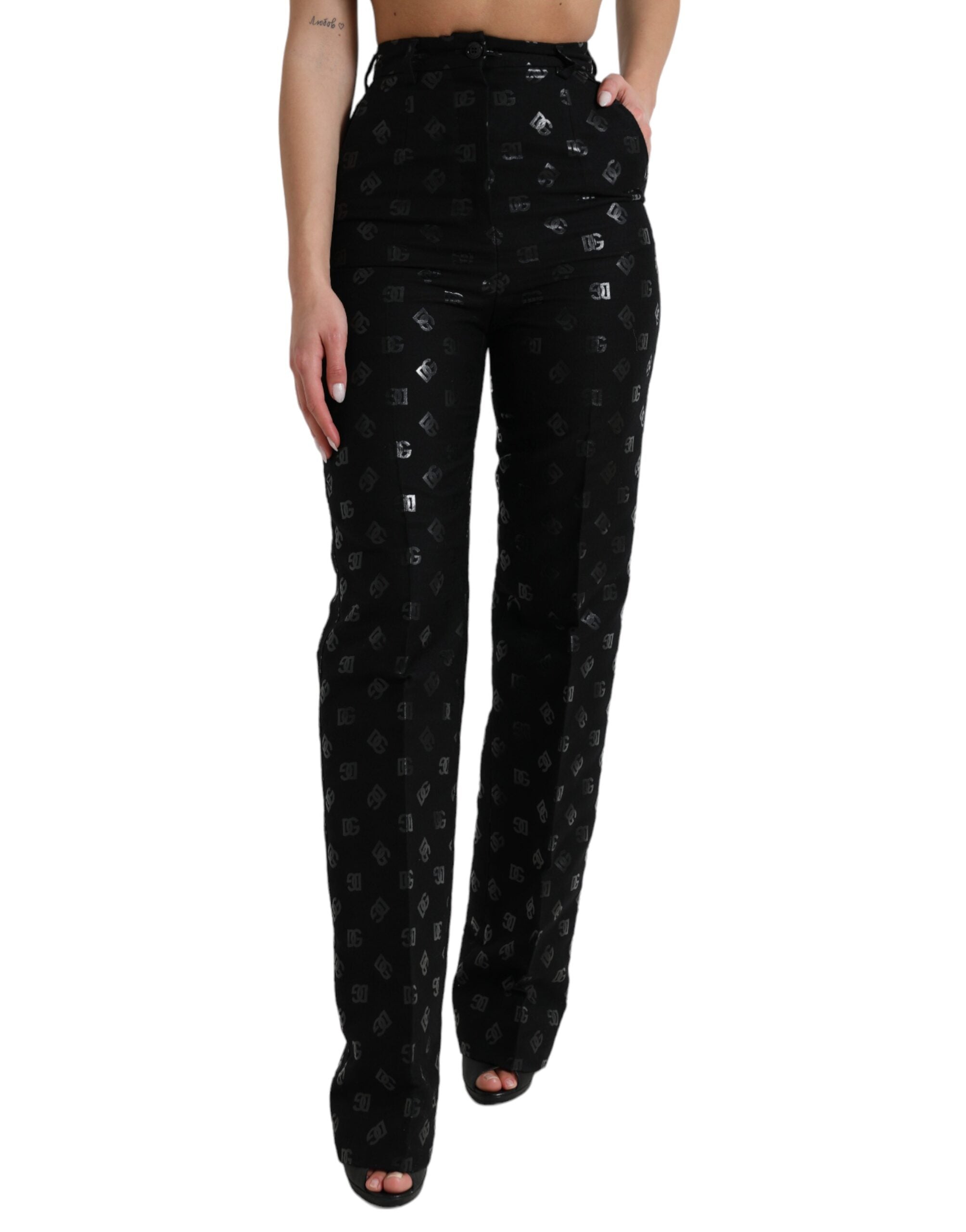 Black Wool DG Logo High Waist Straight Pants - ventzia