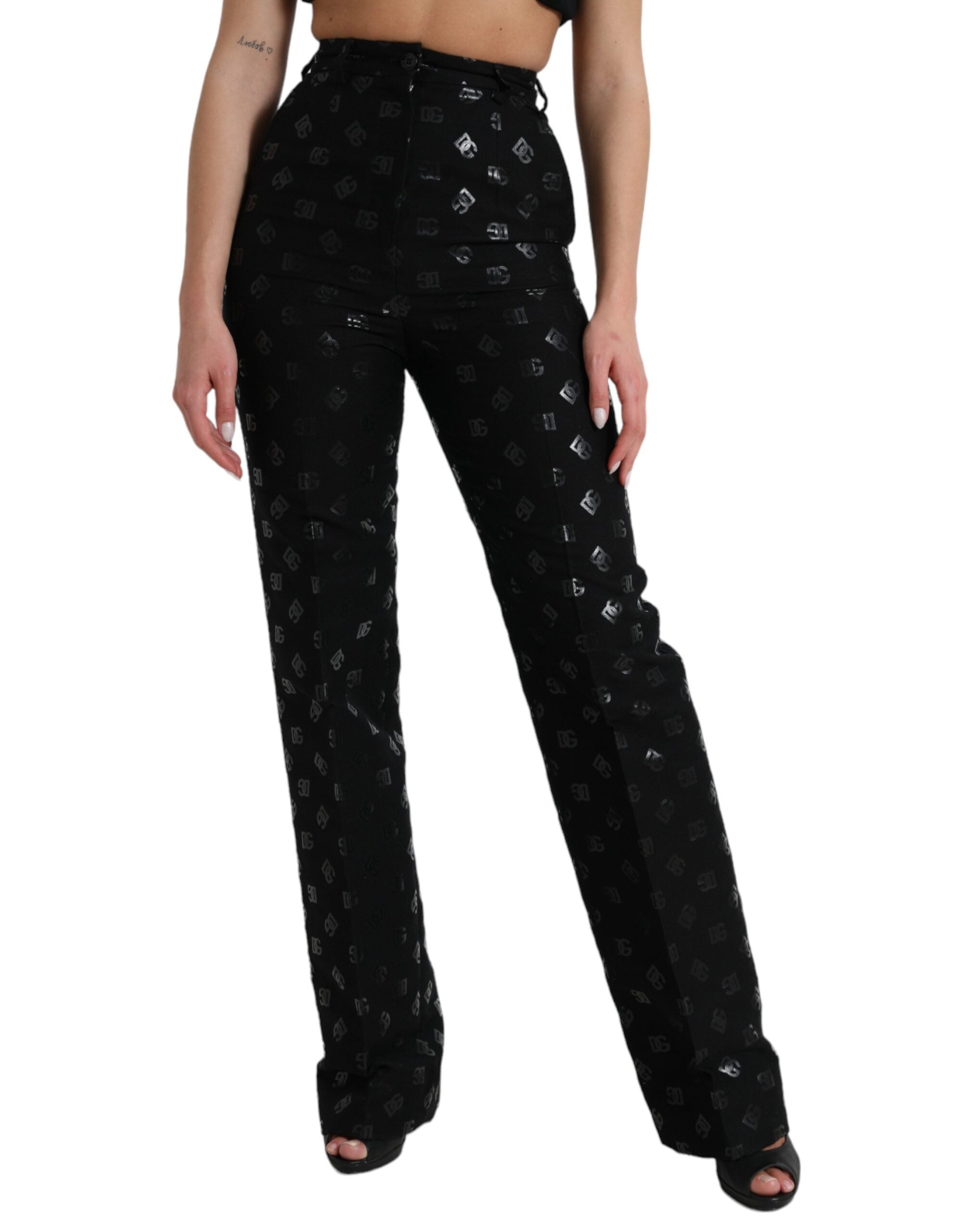 Black Wool DG Logo High Waist Straight Pants - ventzia