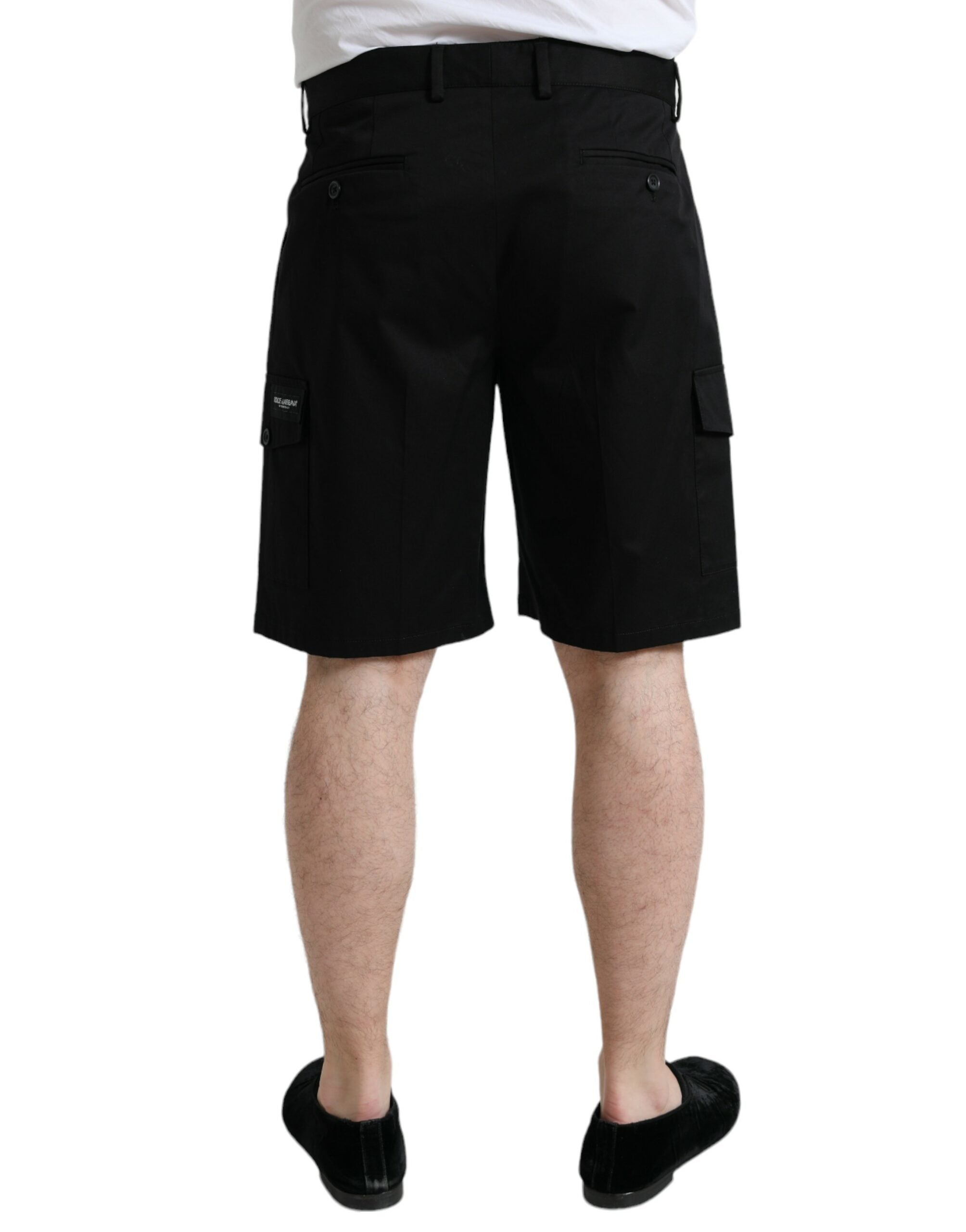 Black Cotton Stretch Cargo Bermuda Shorts - ventzia