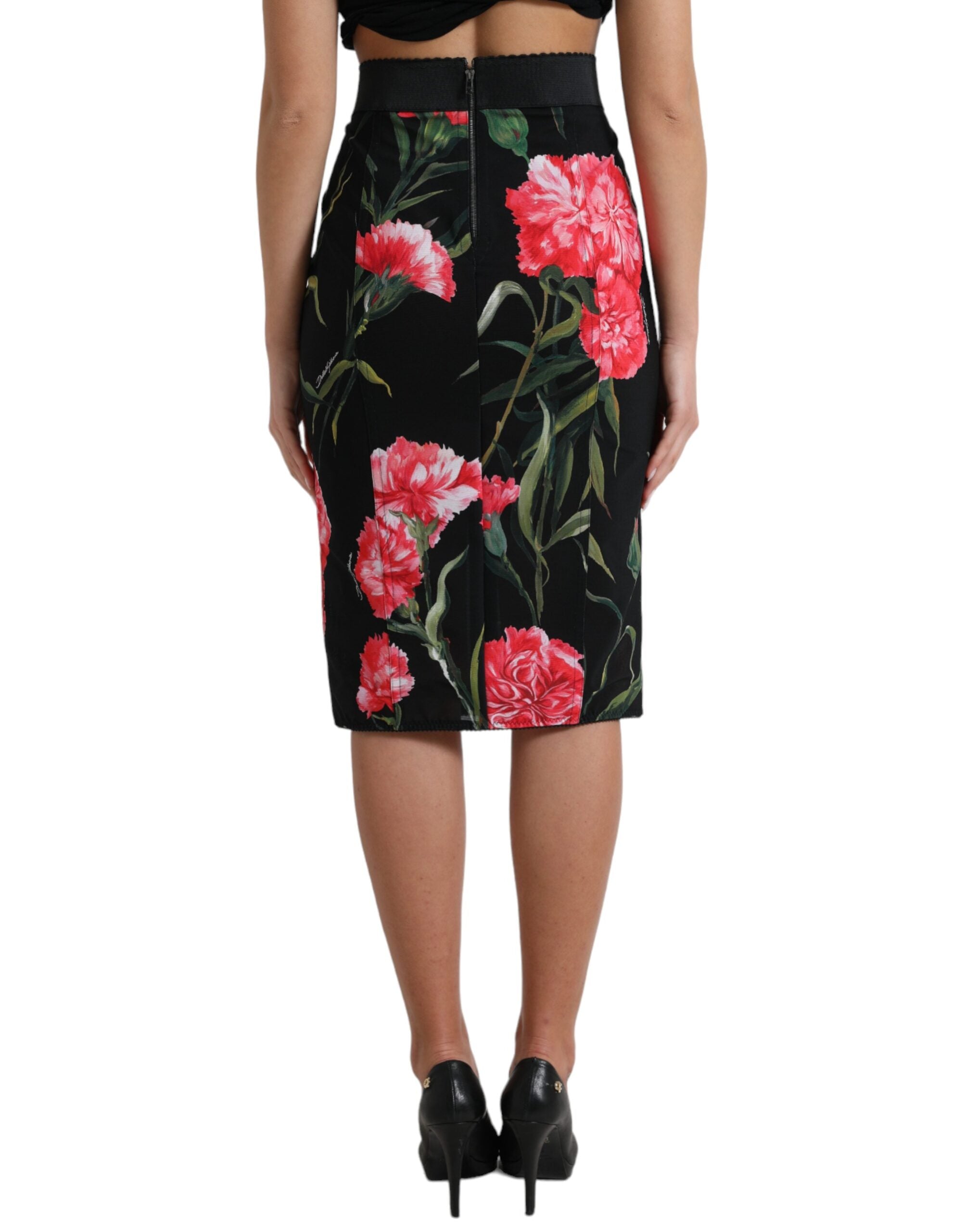 Black Carnation Pencil Cut Knee Length Skirt - ventzia