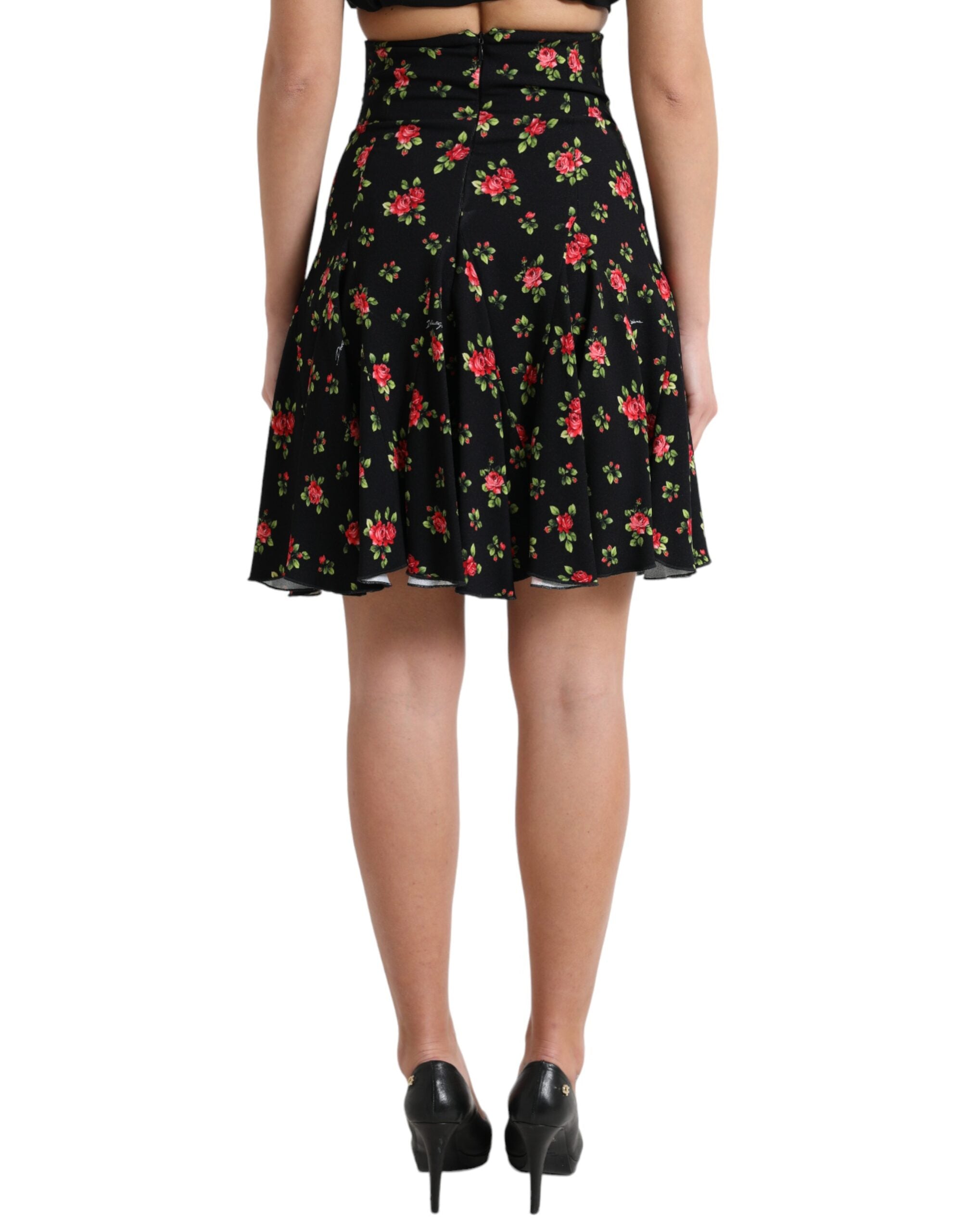 Black Rose Print High Waist A-line Mini Skirt - ventzia