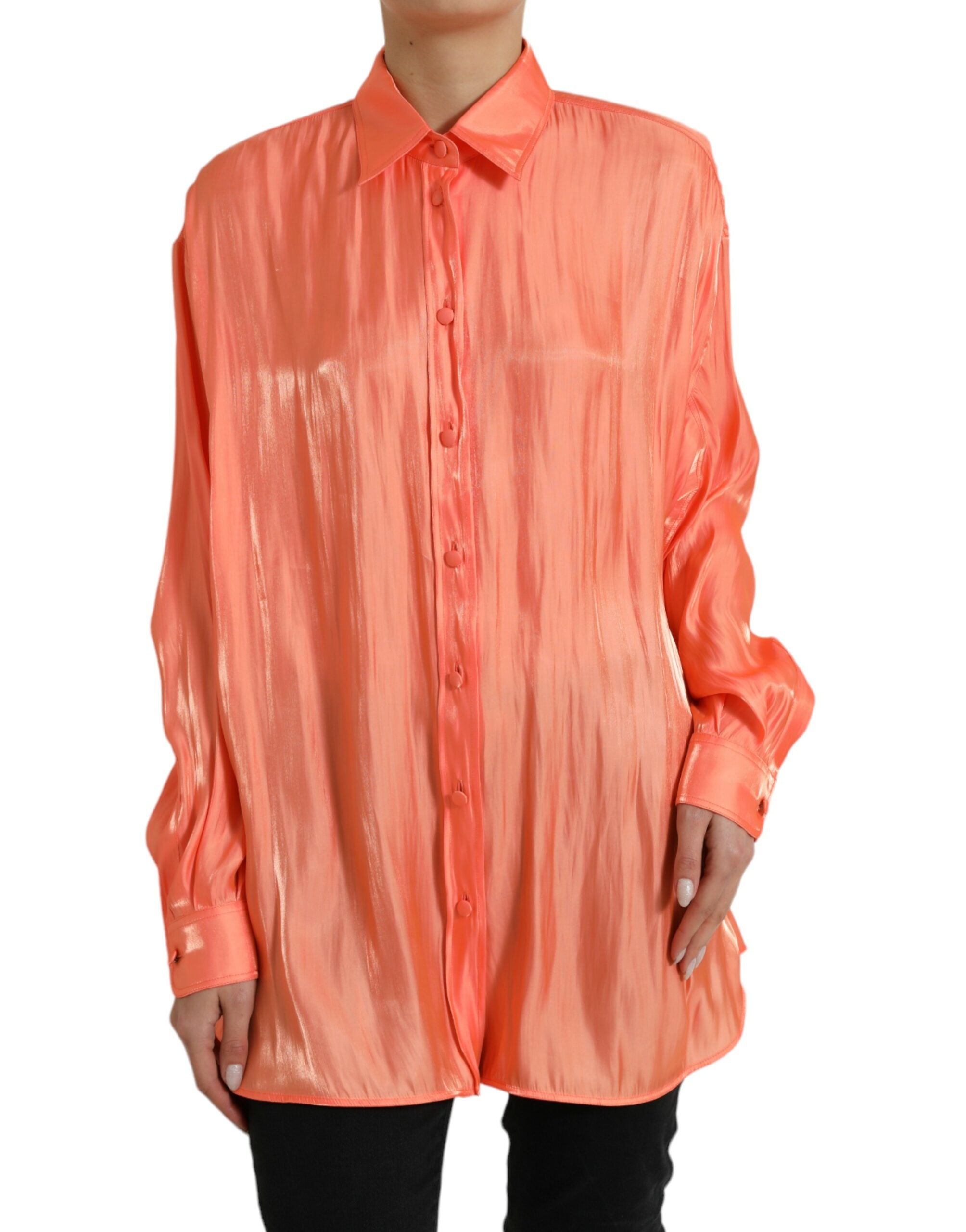 Peach Long Sleeve Button Down Blouse Top - ventzia
