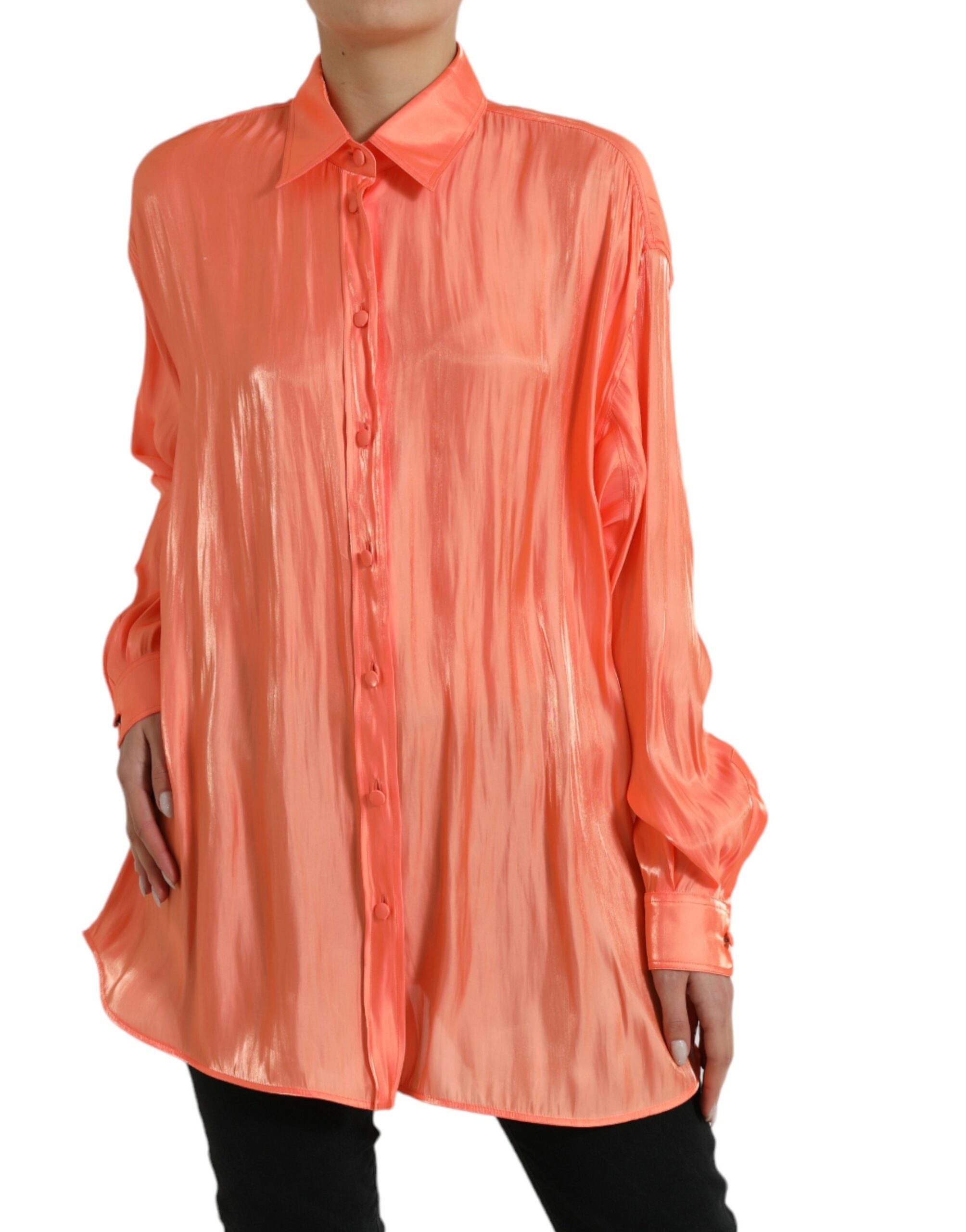 Peach Long Sleeve Button Down Blouse Top - ventzia