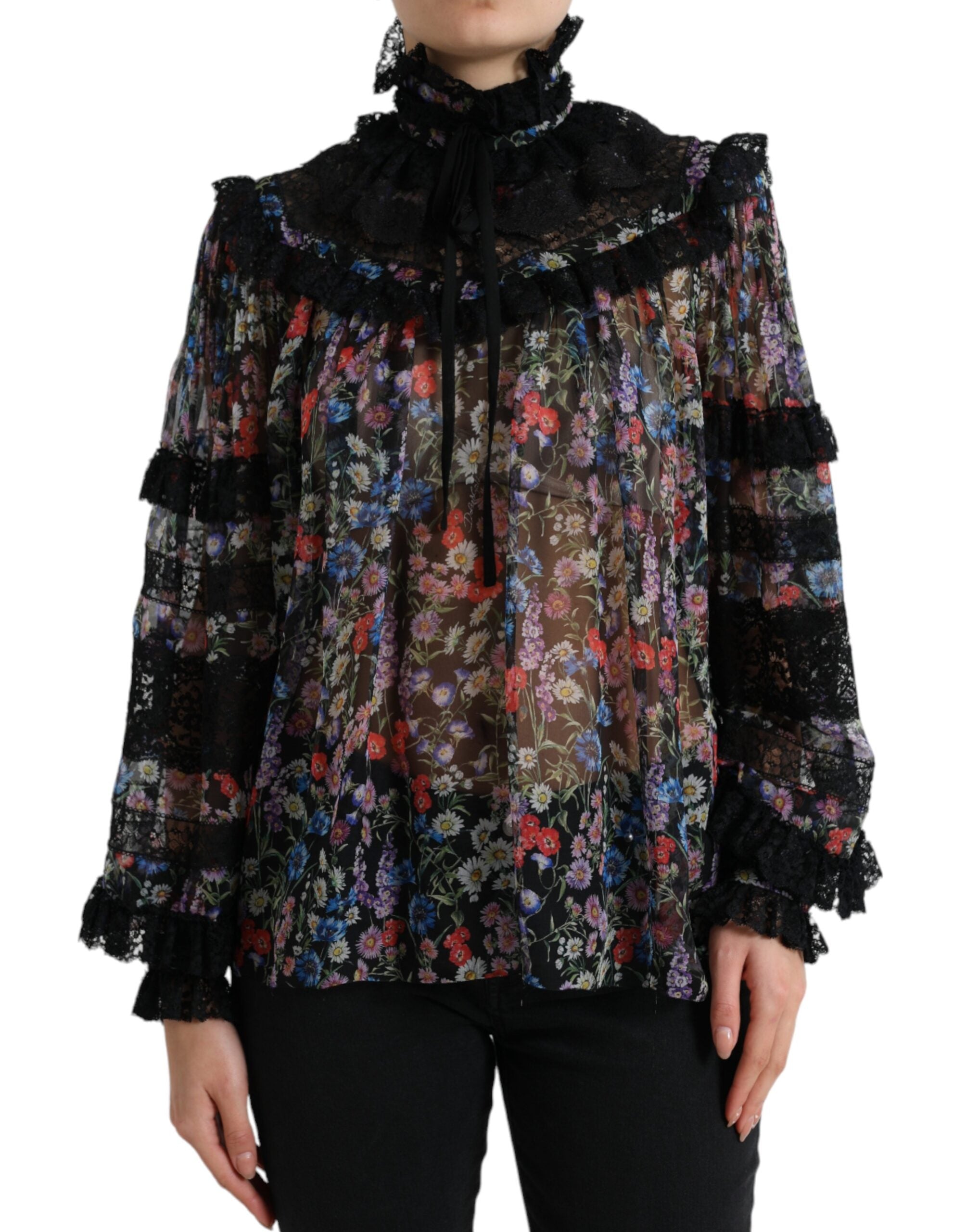 Black Floral Print Long Sleeves Blouse Top - ventzia