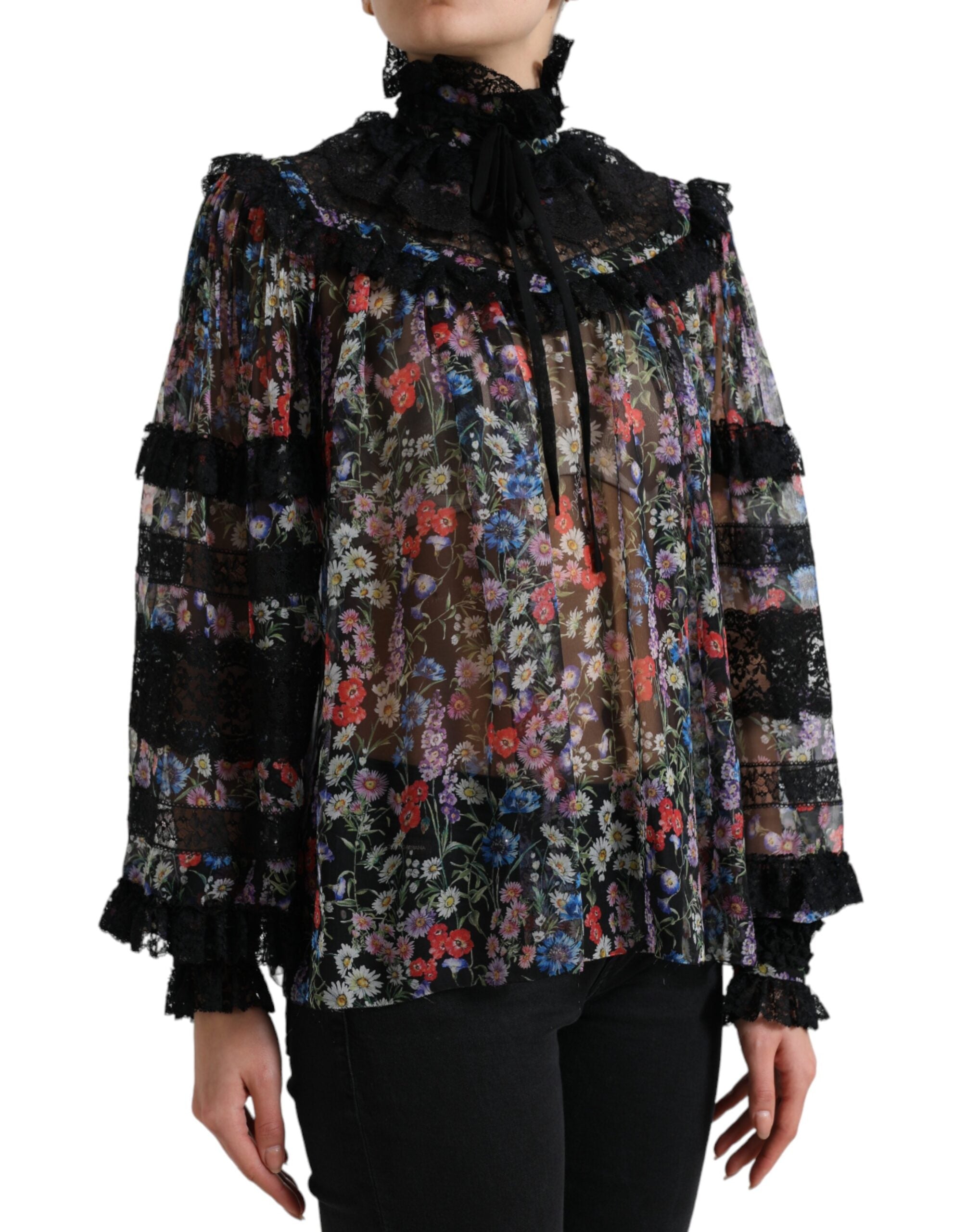 Black Floral Print Long Sleeves Blouse Top - ventzia