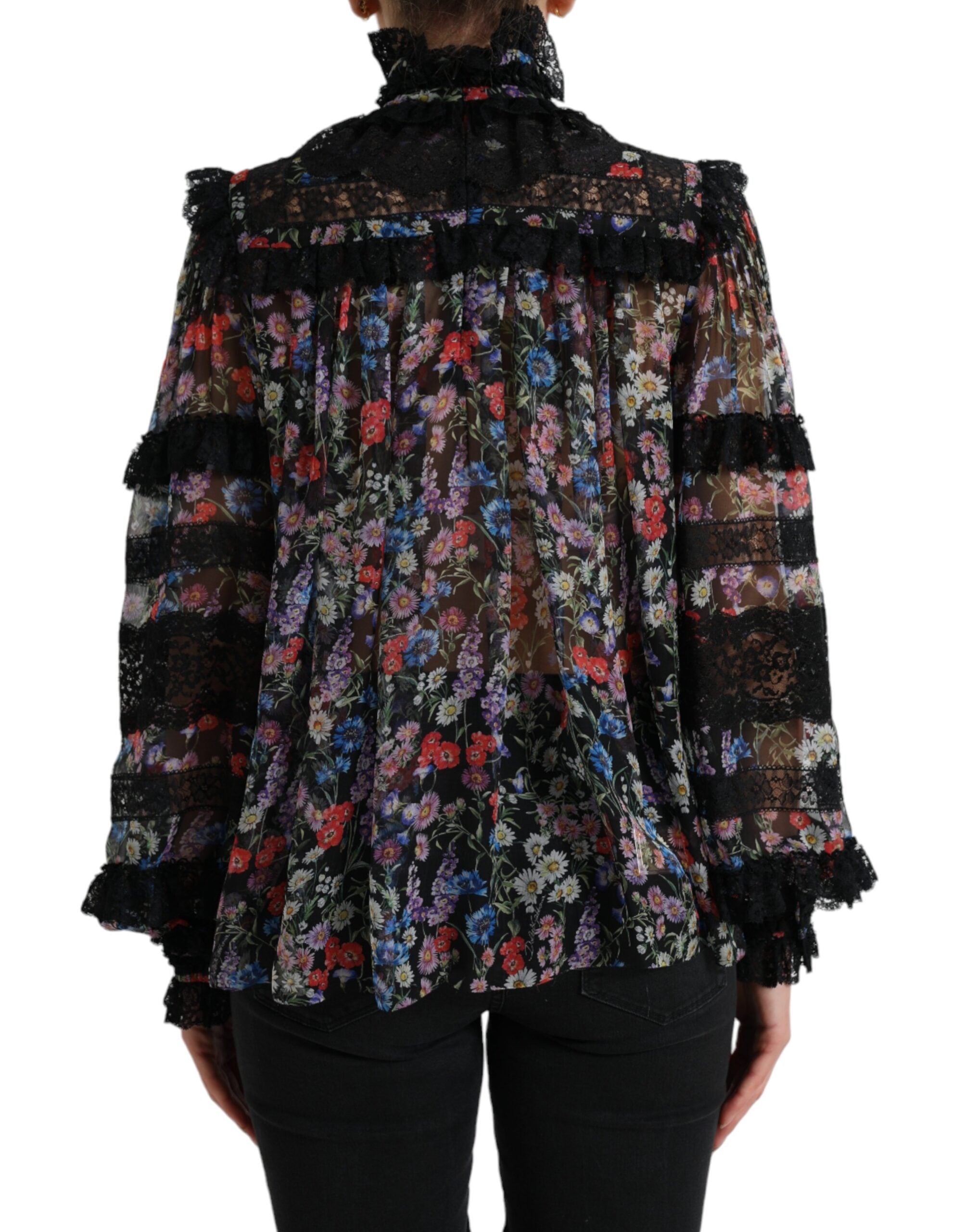 Black Floral Print Long Sleeves Blouse Top - ventzia