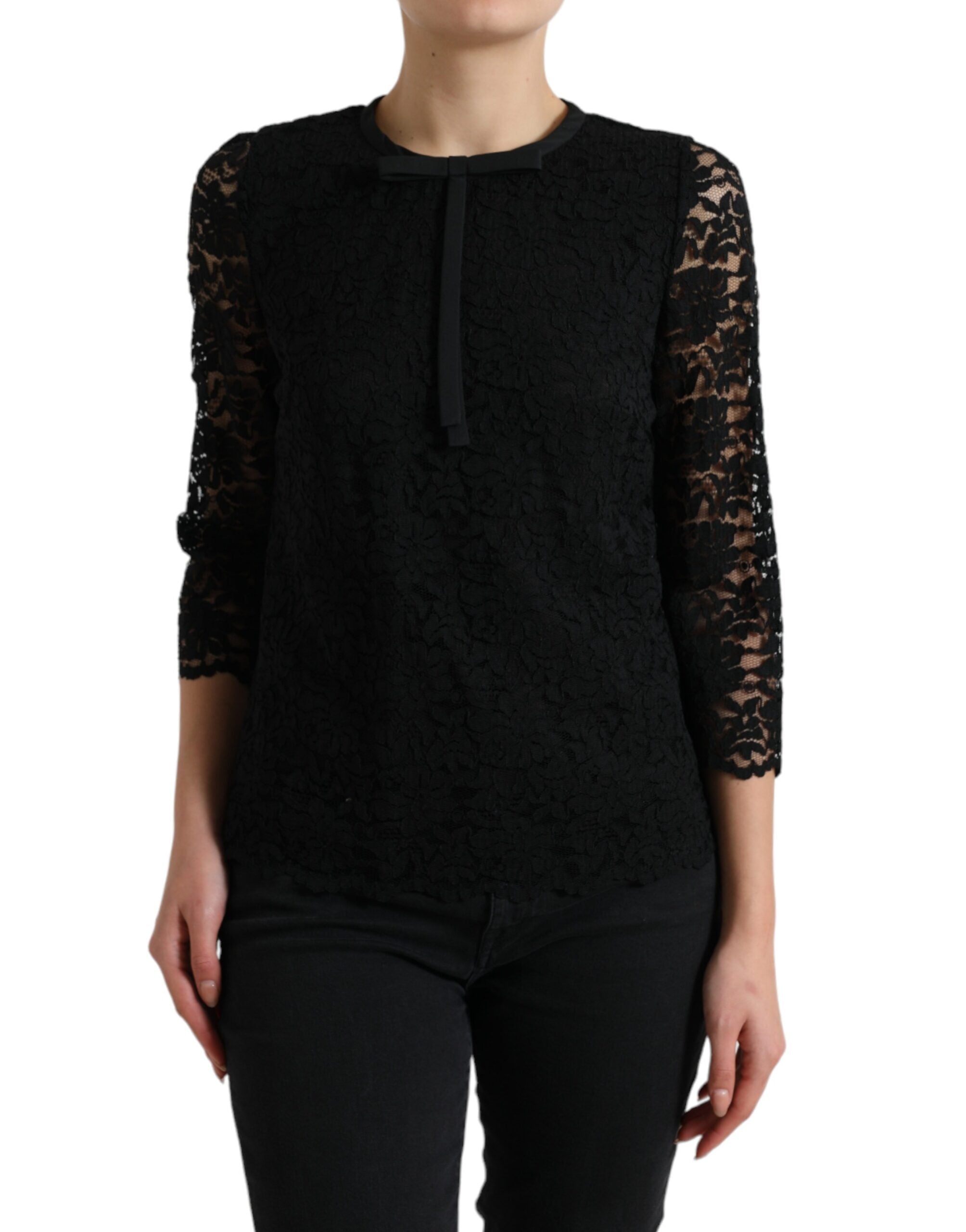 Black STAFF Blouse Floral Lace Nylon Top - ventzia