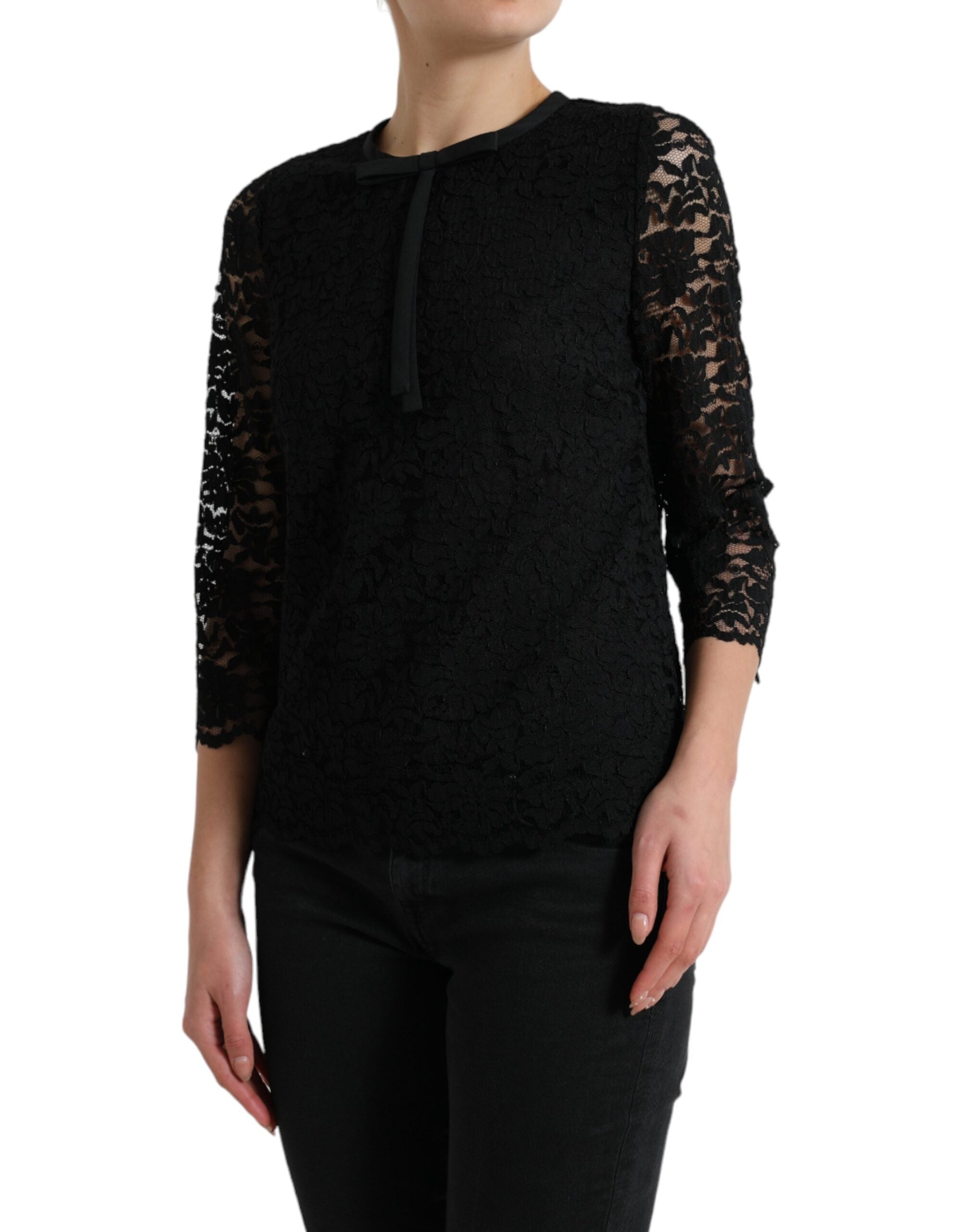 Black STAFF Blouse Floral Lace Nylon Top - ventzia