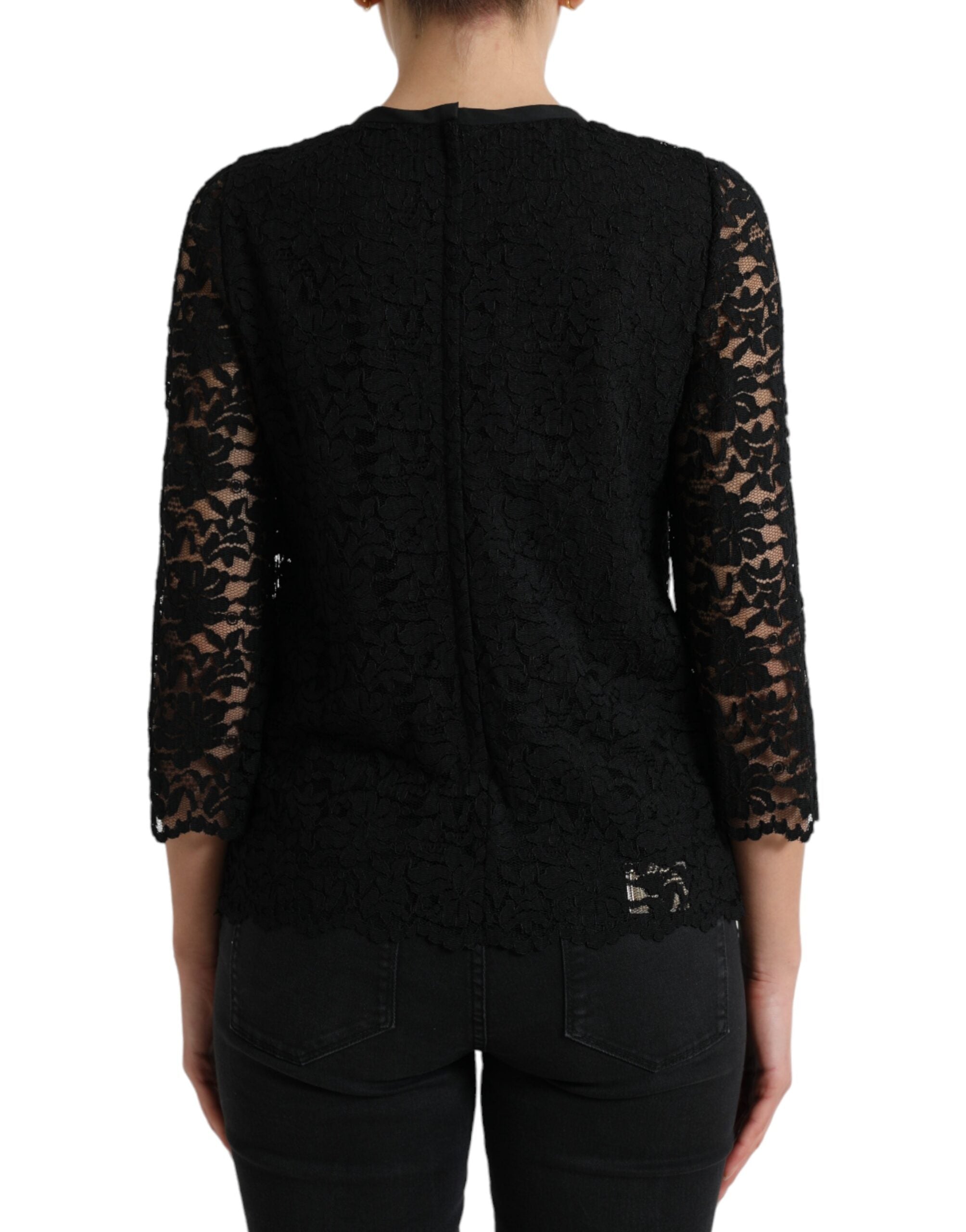 Black STAFF Blouse Floral Lace Nylon Top - ventzia