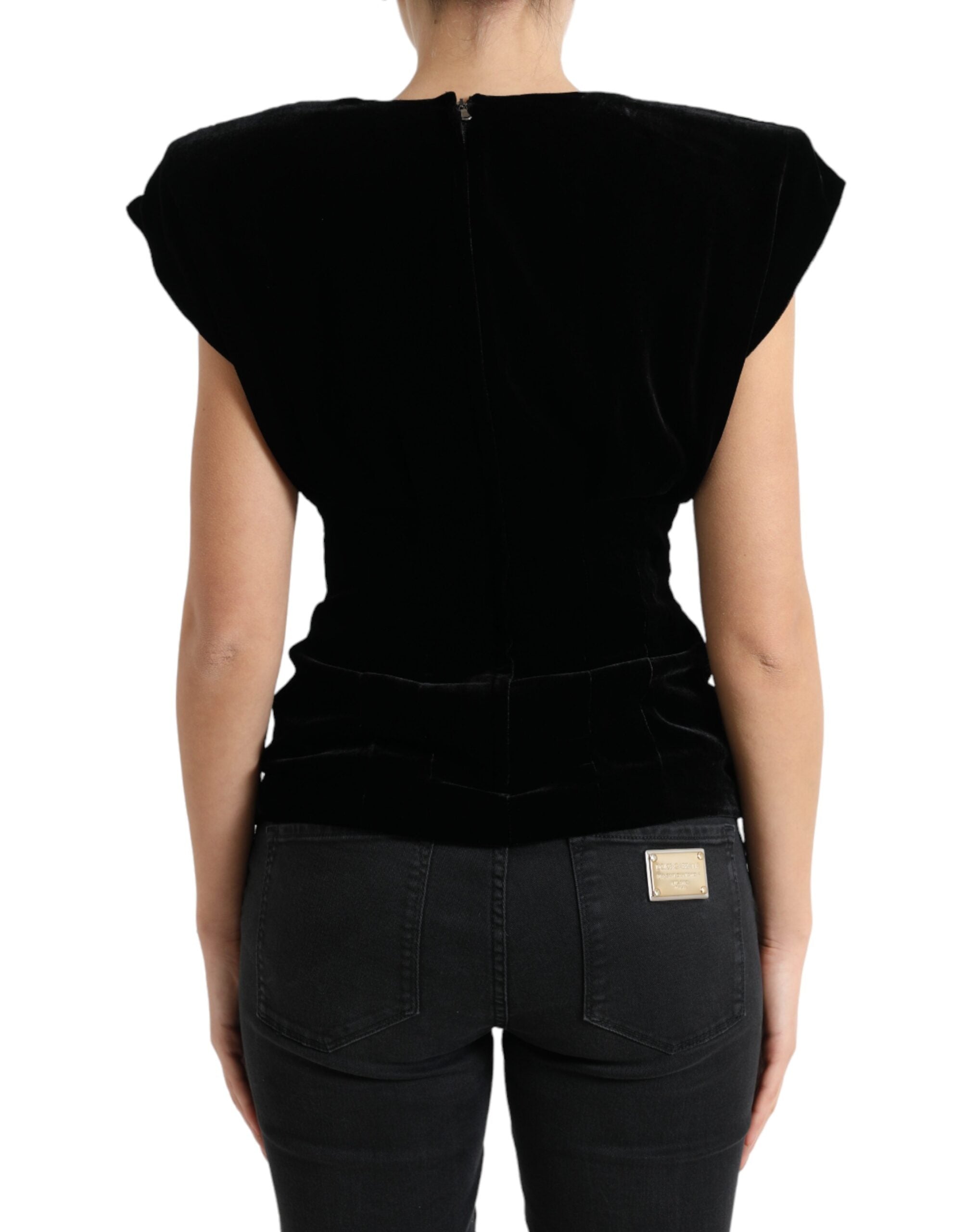 Black Velvet Fitted Padded Shoulder Blouse Top - ventzia