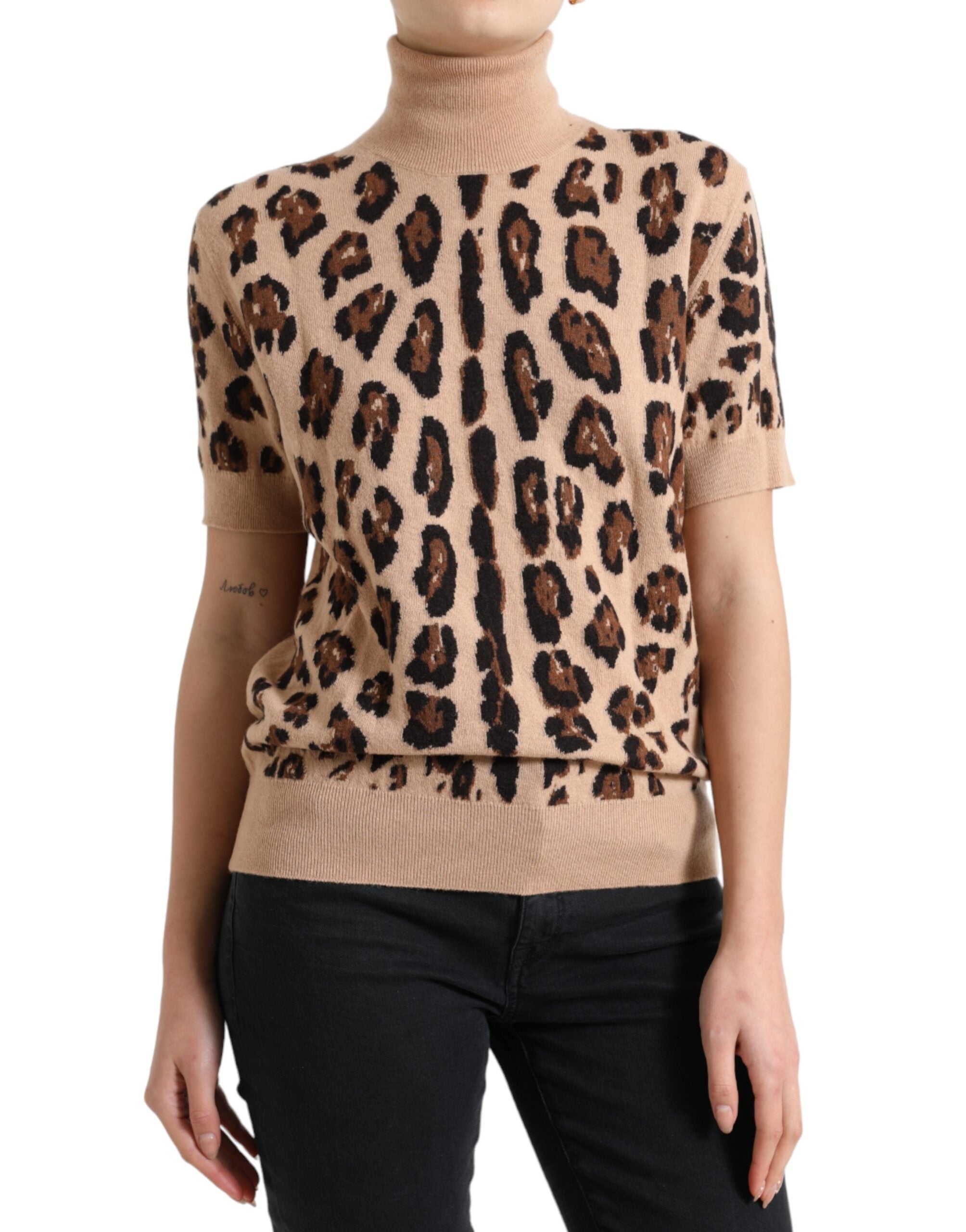 Beige Leopard Print Wool Turtleneck Top - ventzia