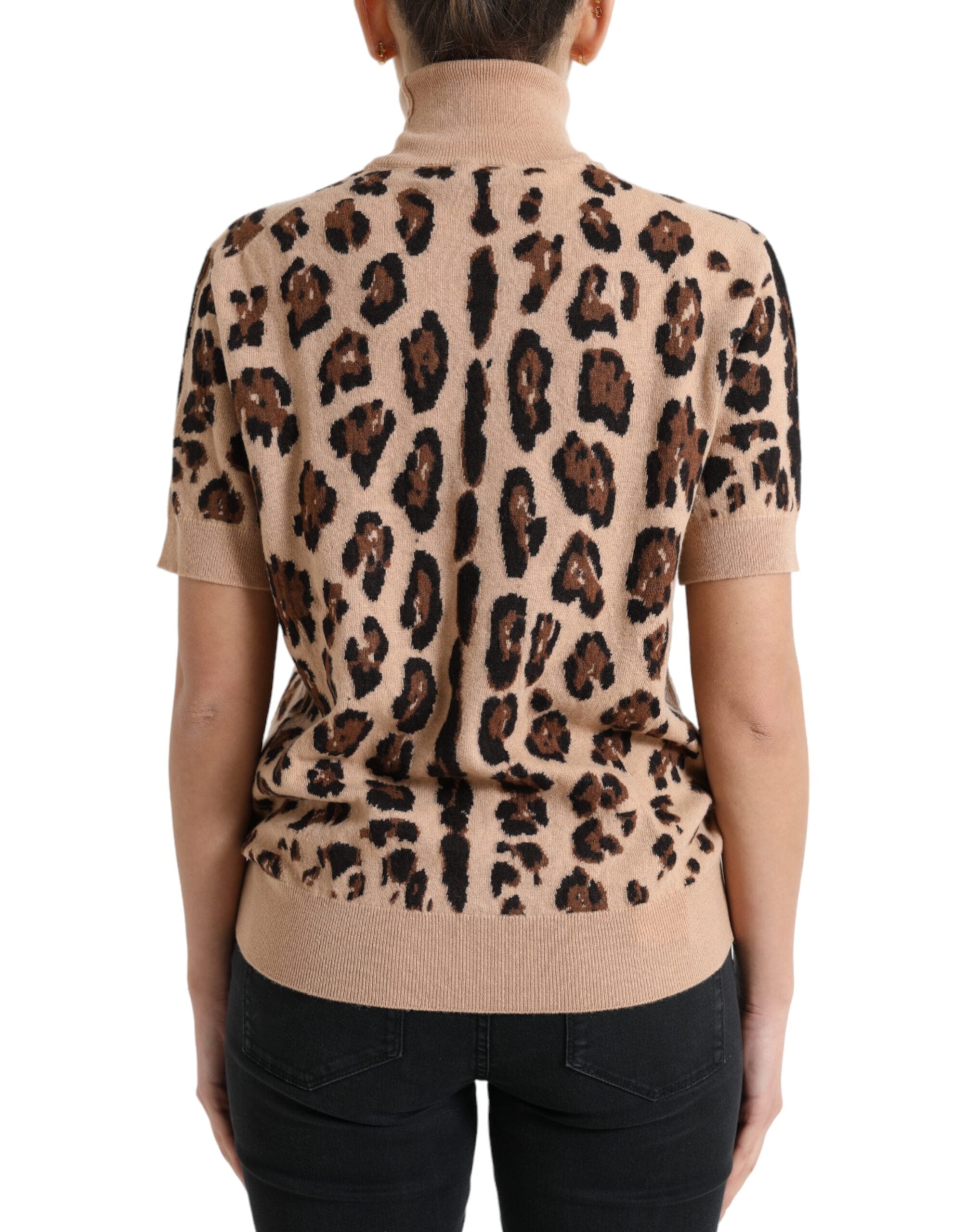 Beige Leopard Print Wool Turtleneck Top - ventzia