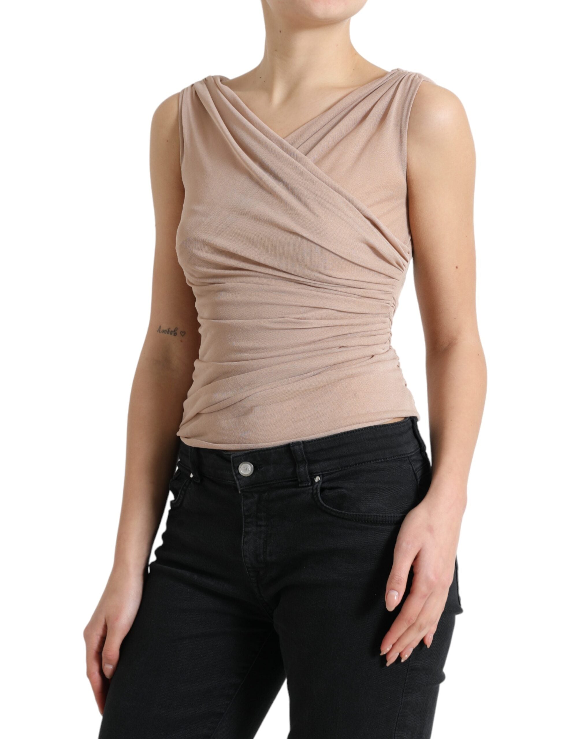 Beige Viscose V-neck Sleeveless Tank Top - ventzia