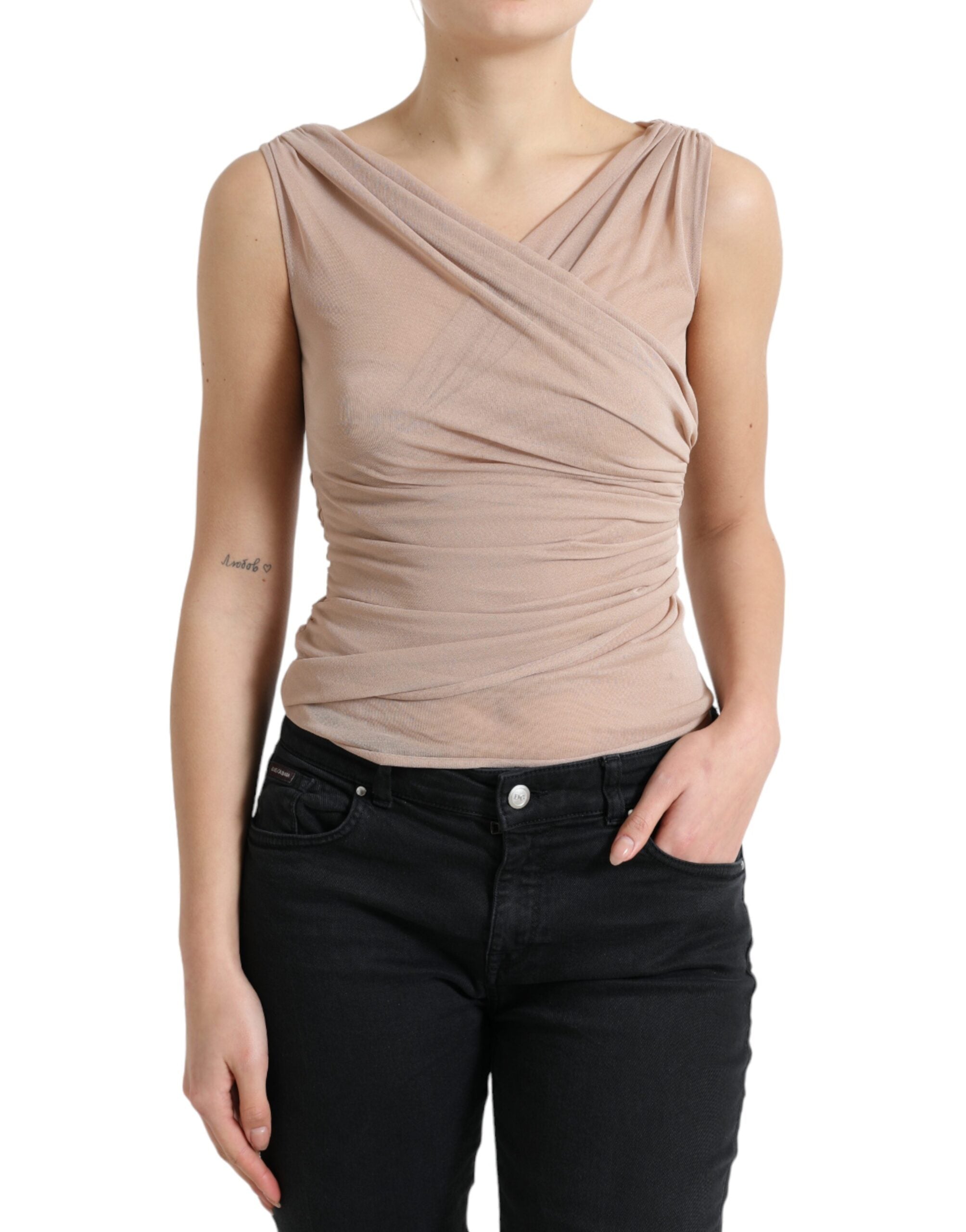 Beige Viscose V-neck Sleeveless Tank Top - ventzia