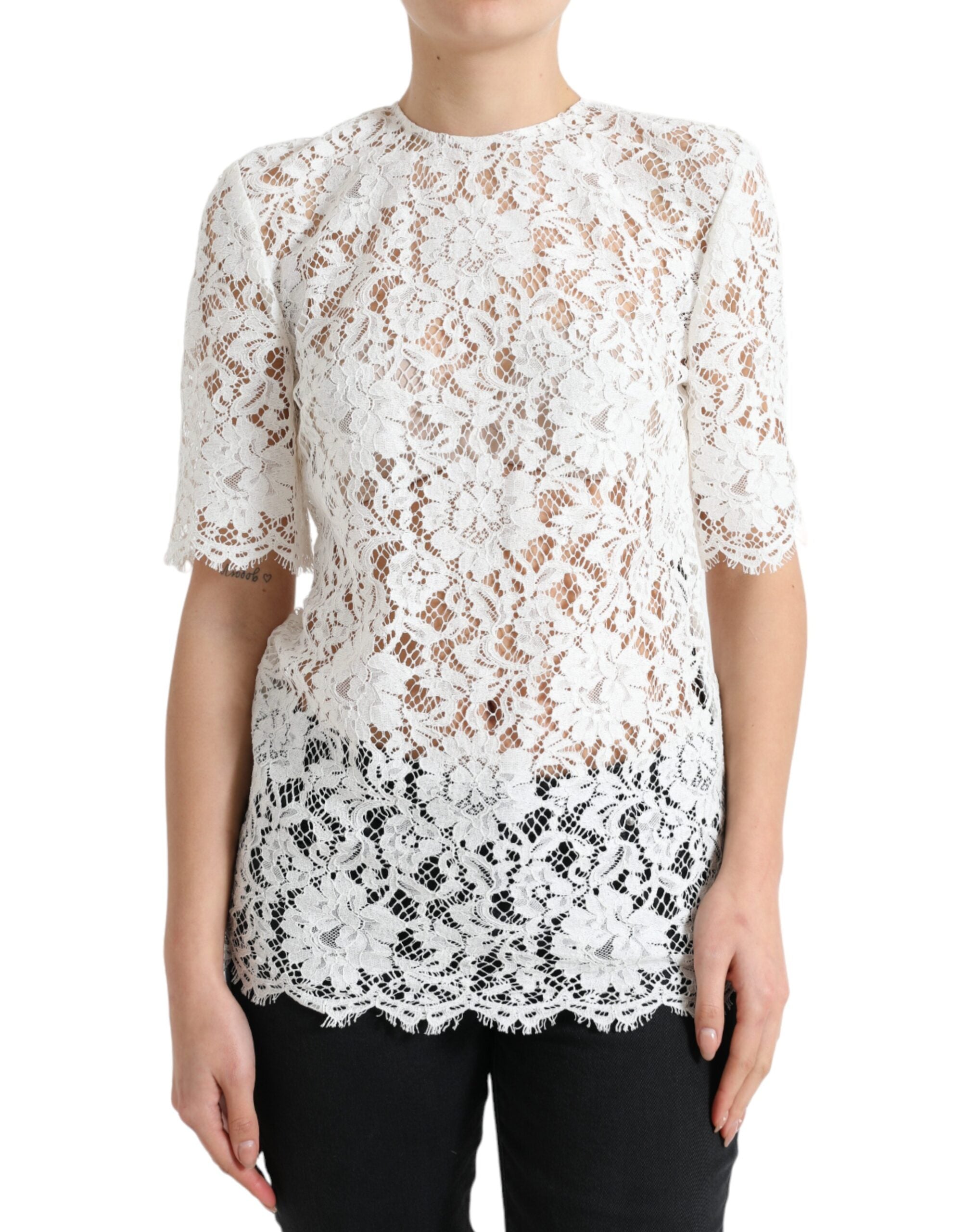 White Floral Lace Cotton Round Neck Blouse Top - ventzia