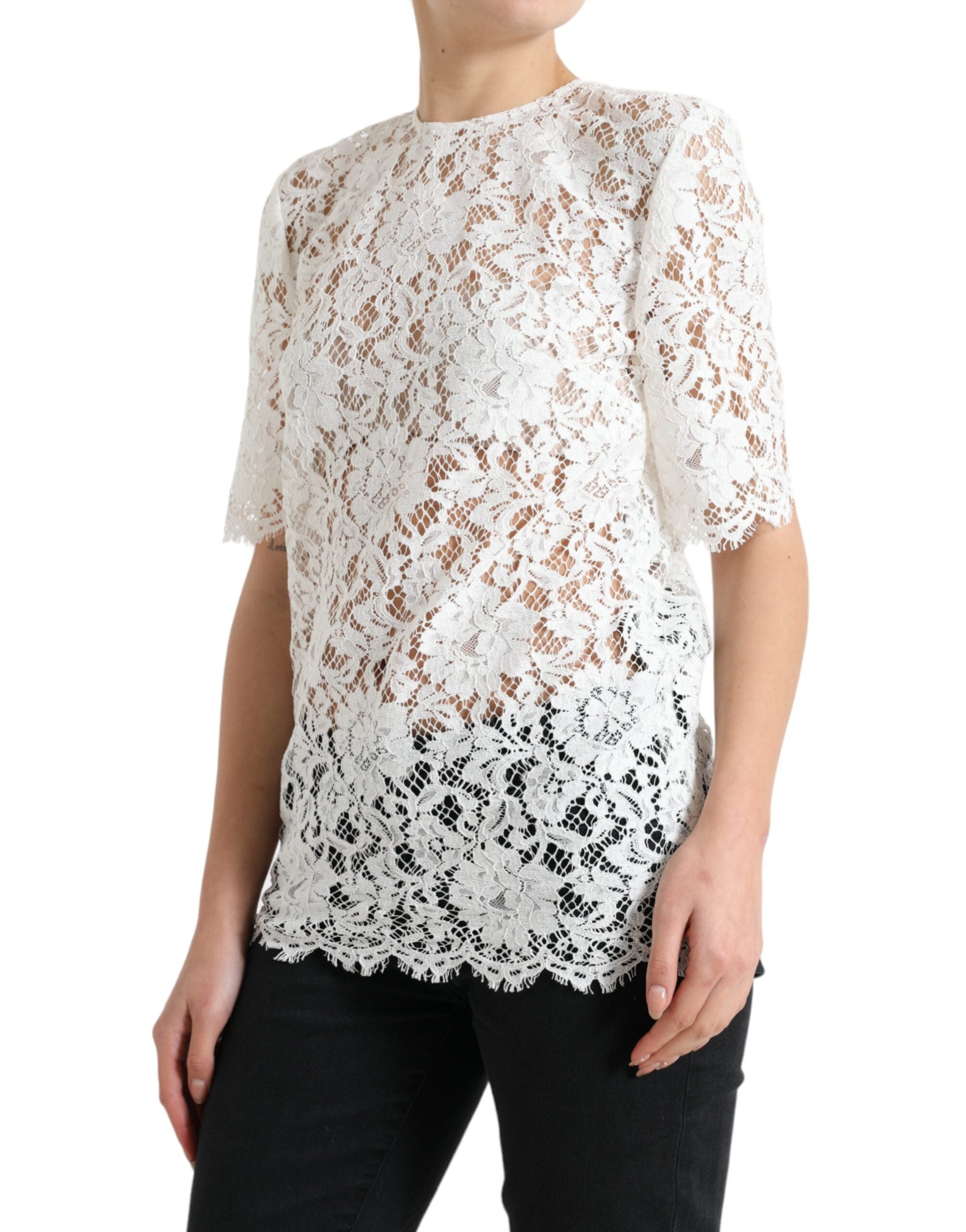 White Floral Lace Cotton Round Neck Blouse Top - ventzia