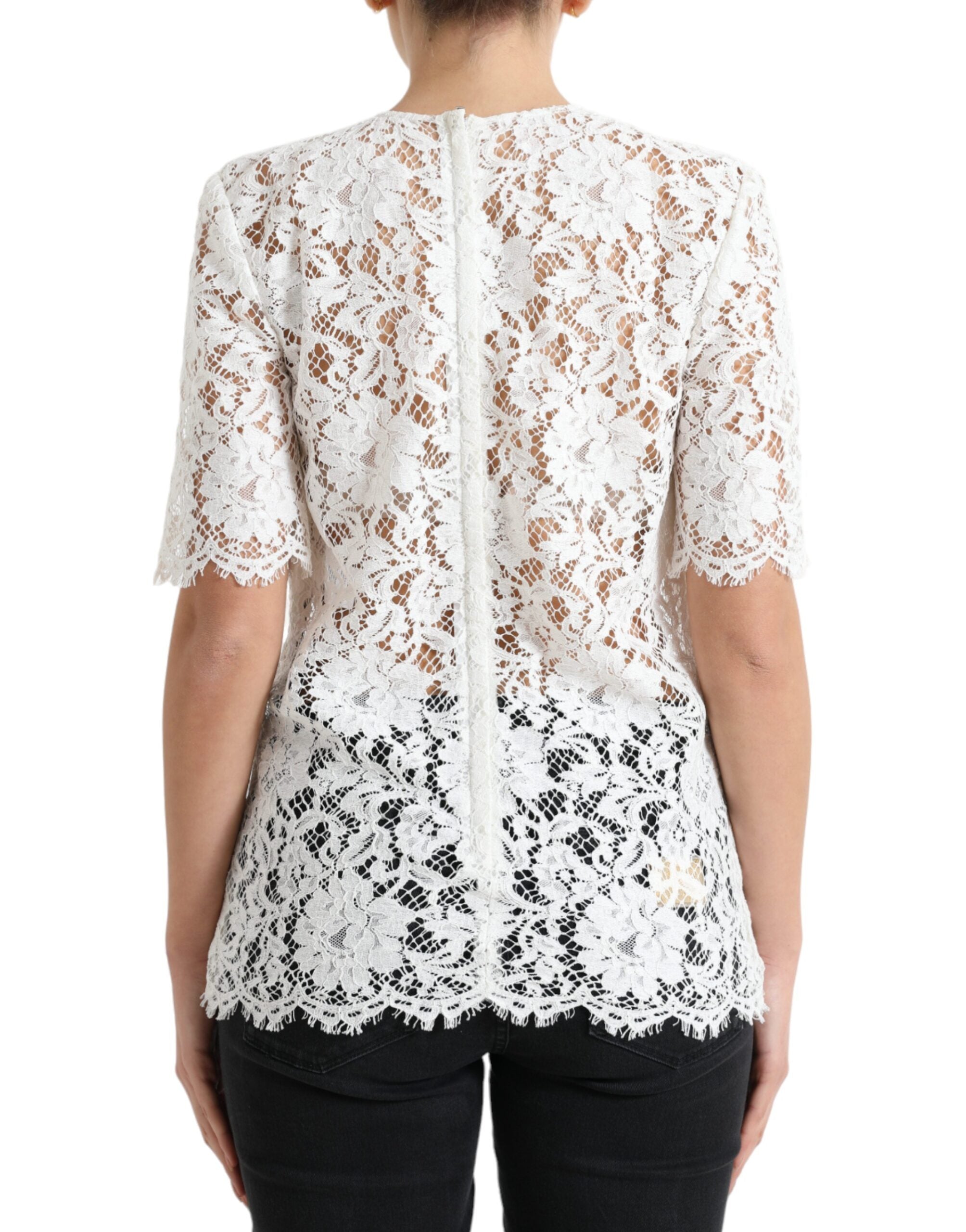 White Floral Lace Cotton Round Neck Blouse Top - ventzia
