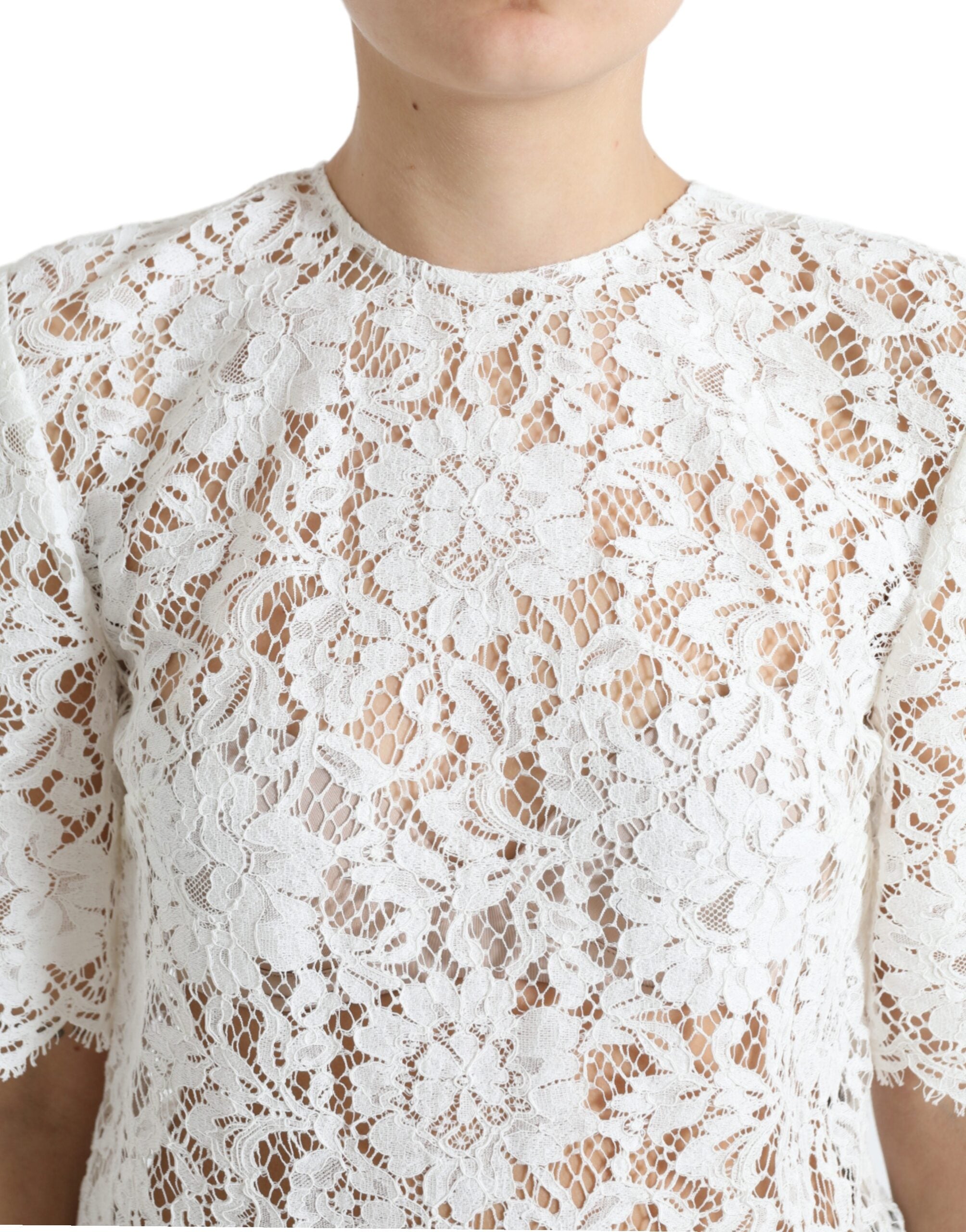 White Floral Lace Cotton Round Neck Blouse Top - ventzia