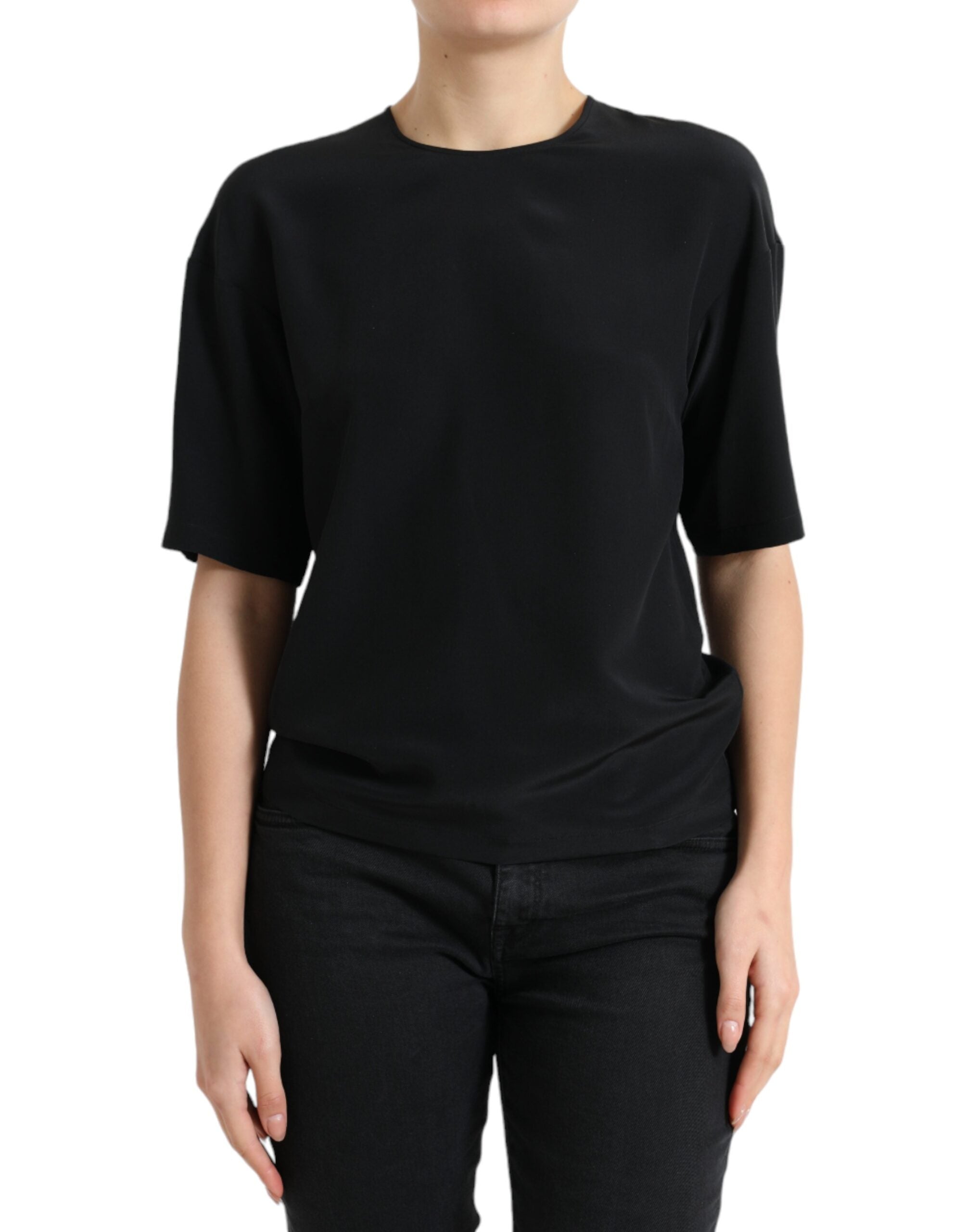Black Silk Round Neck Short Sleeve Blouse Top - ventzia