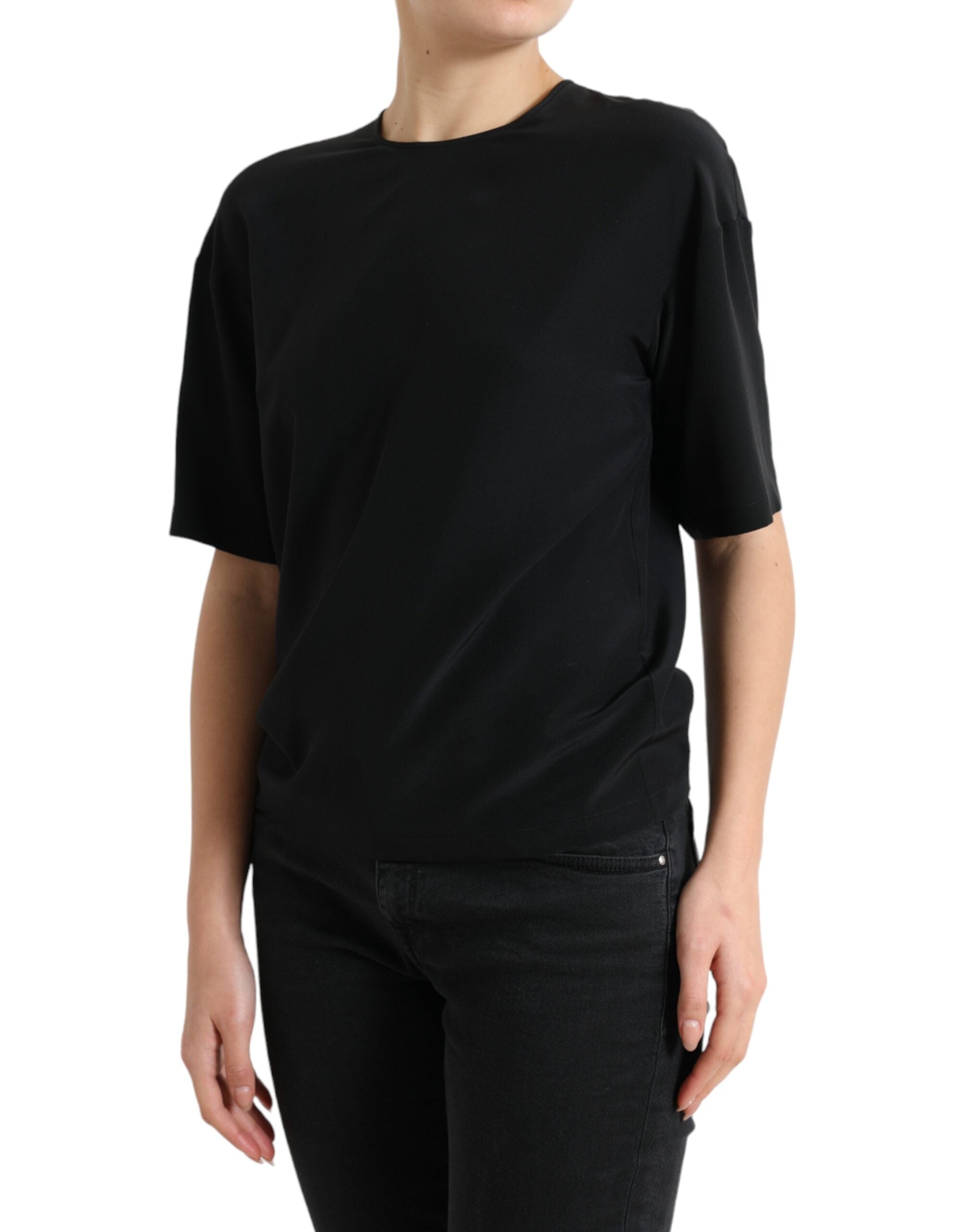 Black Silk Round Neck Short Sleeve Blouse Top - ventzia