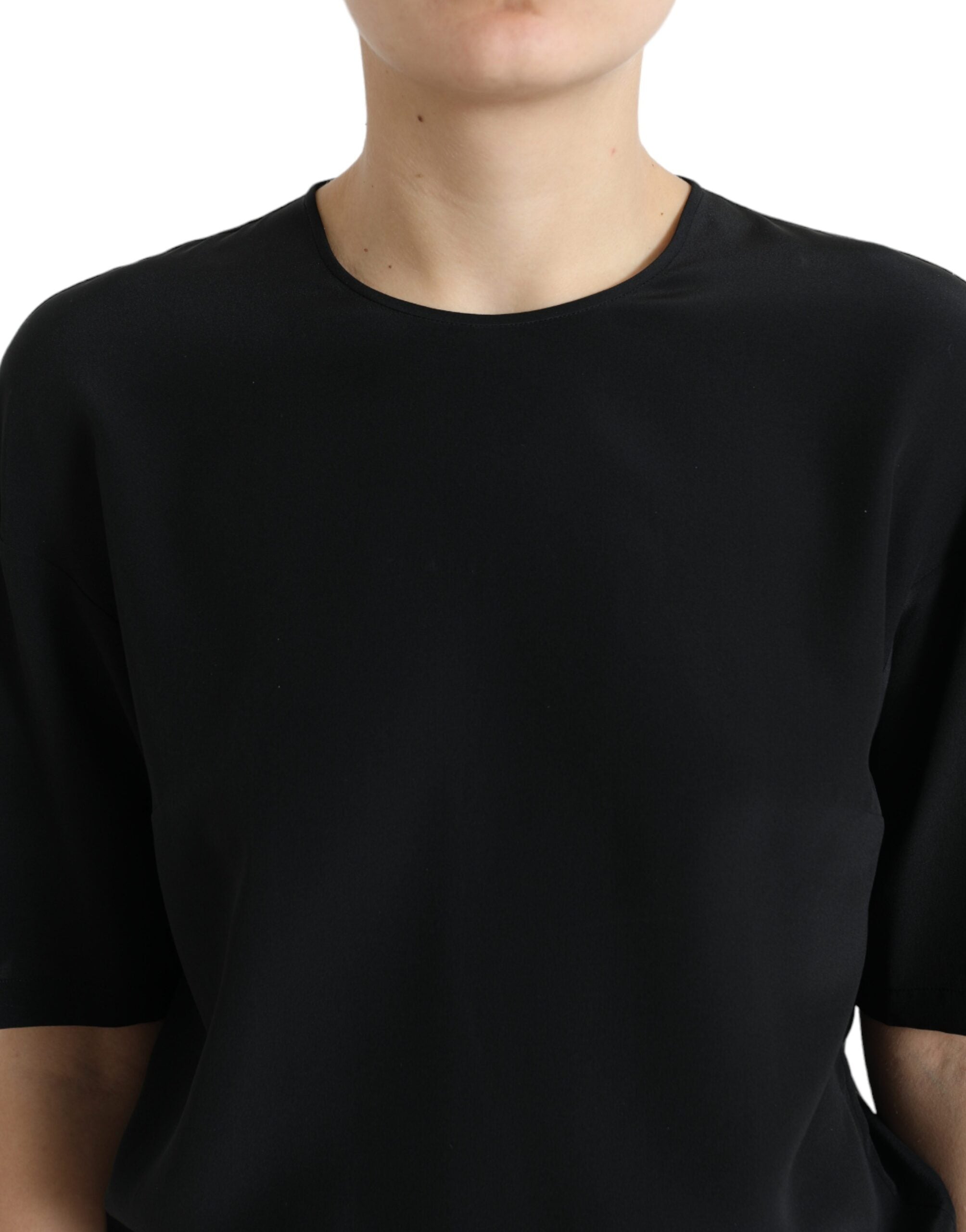 Black Silk Round Neck Short Sleeve Blouse Top - ventzia
