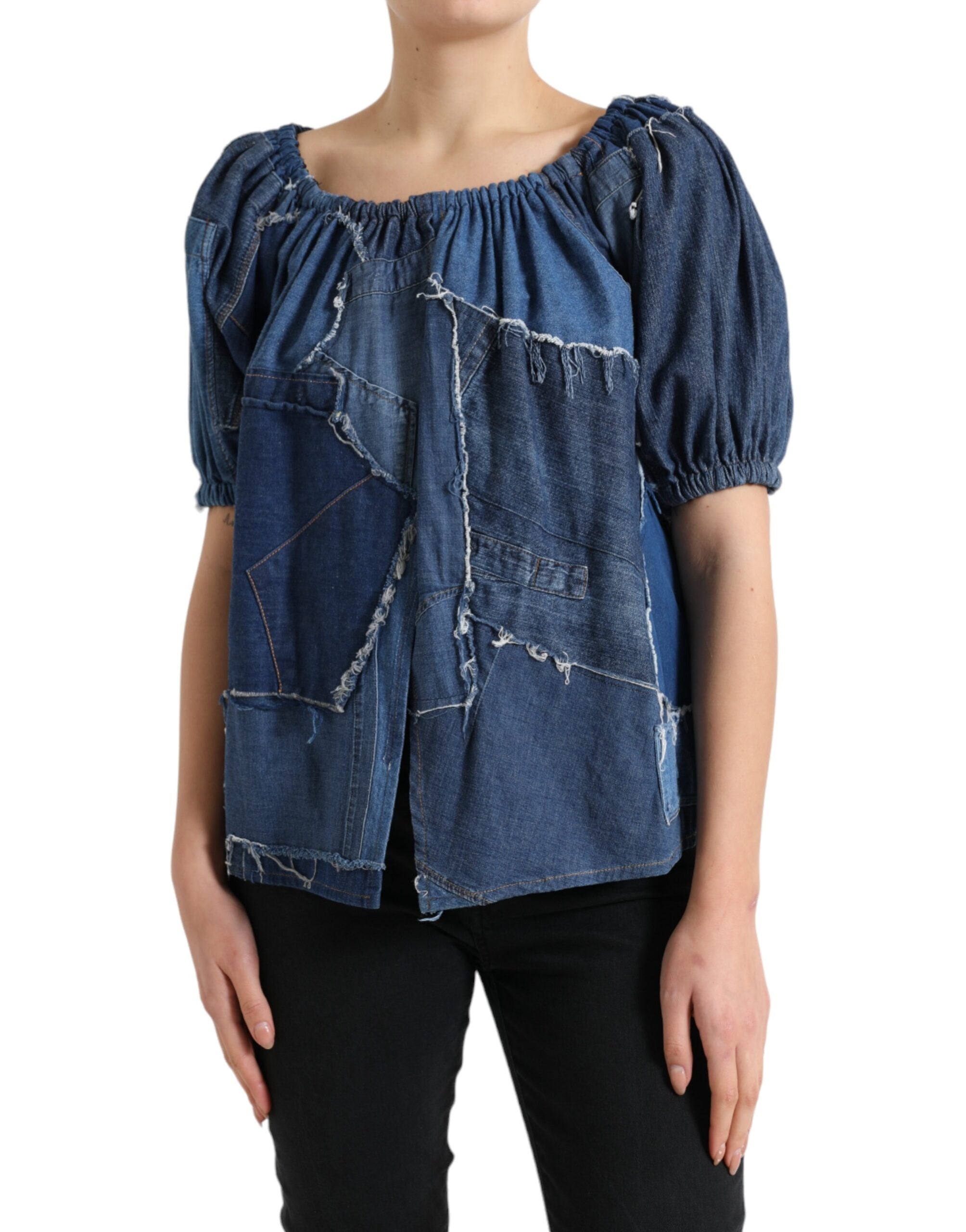 Blue Patchwork Short Sleeves Denim Blouse Top - ventzia