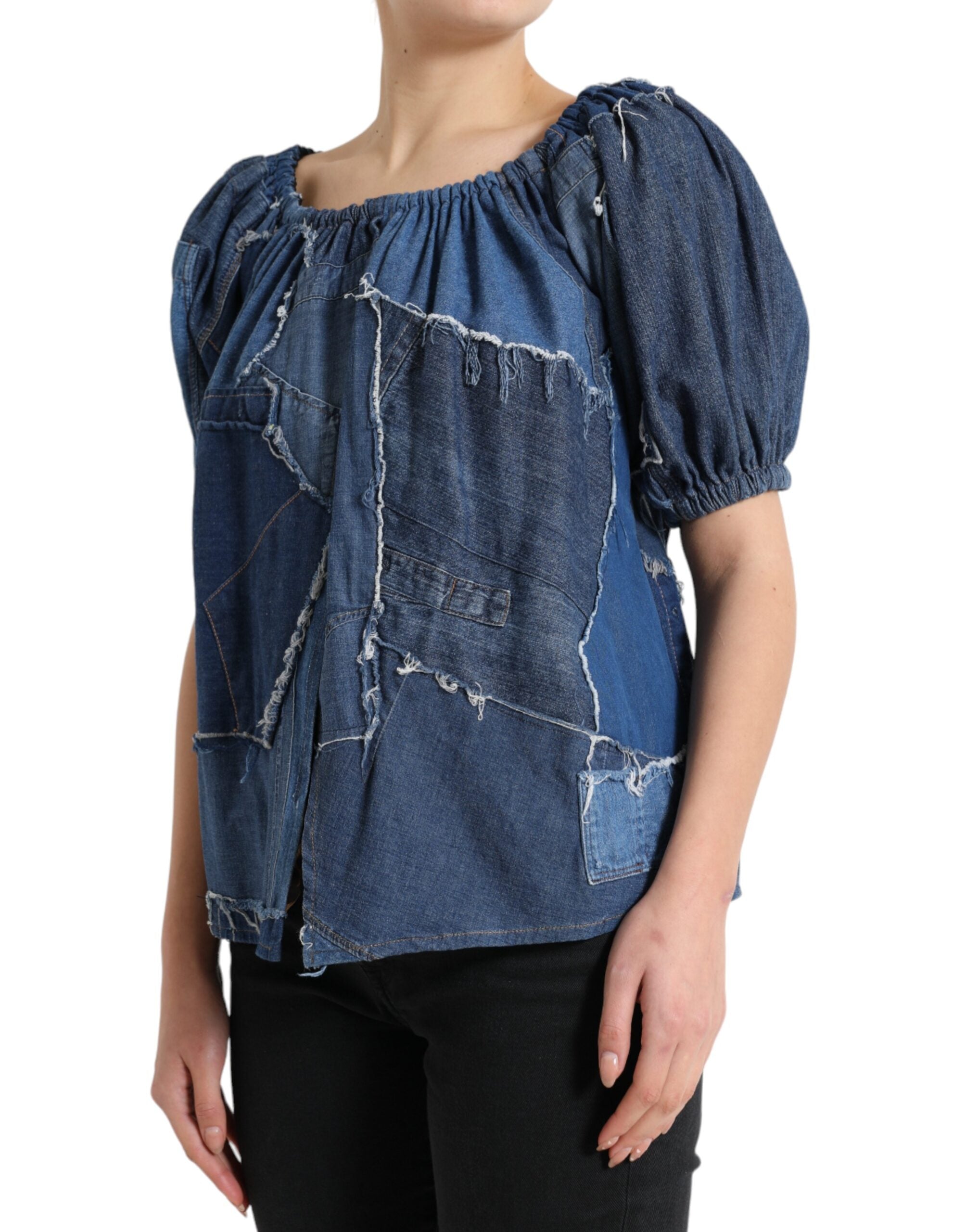 Blue Patchwork Short Sleeves Denim Blouse Top - ventzia