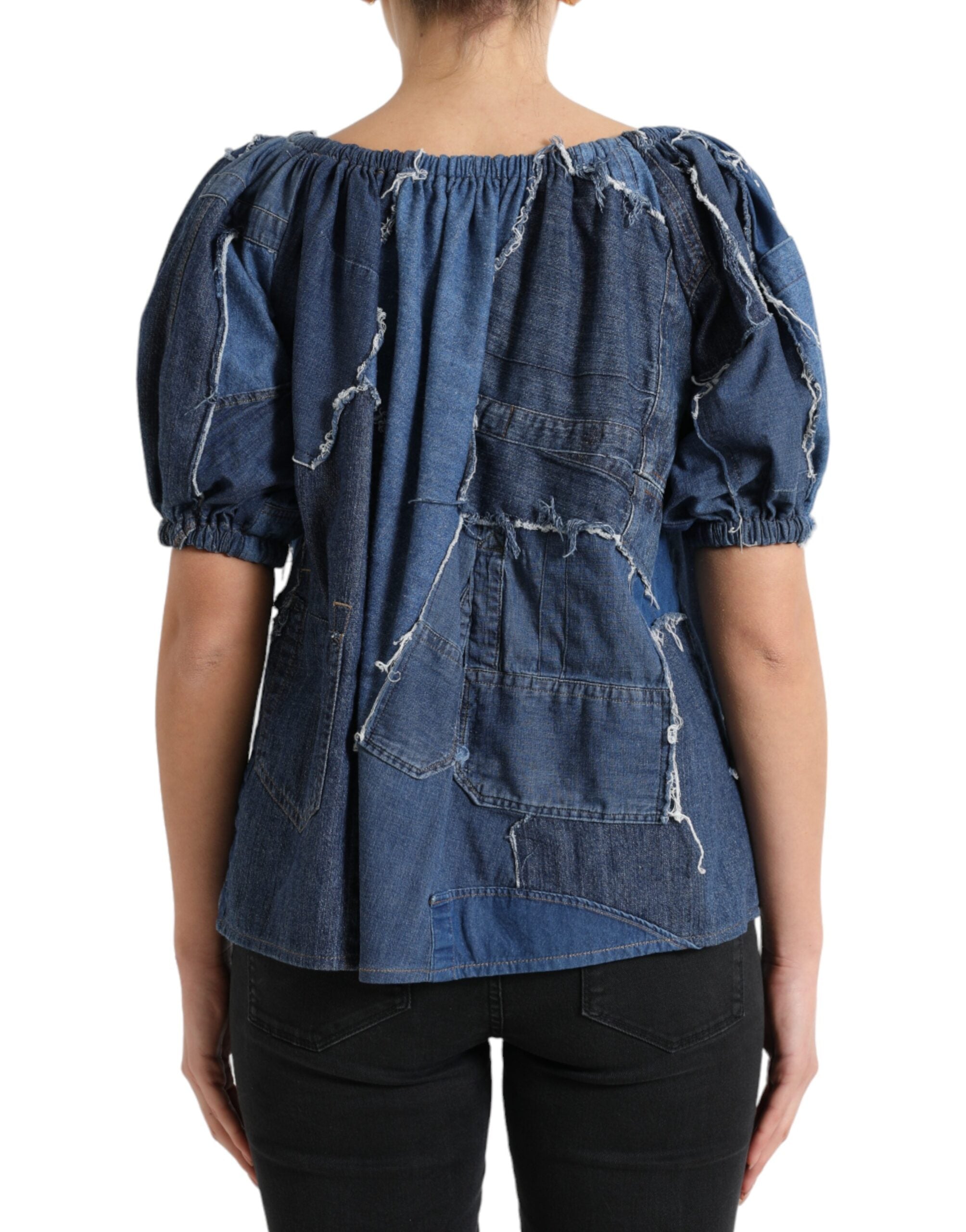 Blue Patchwork Short Sleeves Denim Blouse Top - ventzia