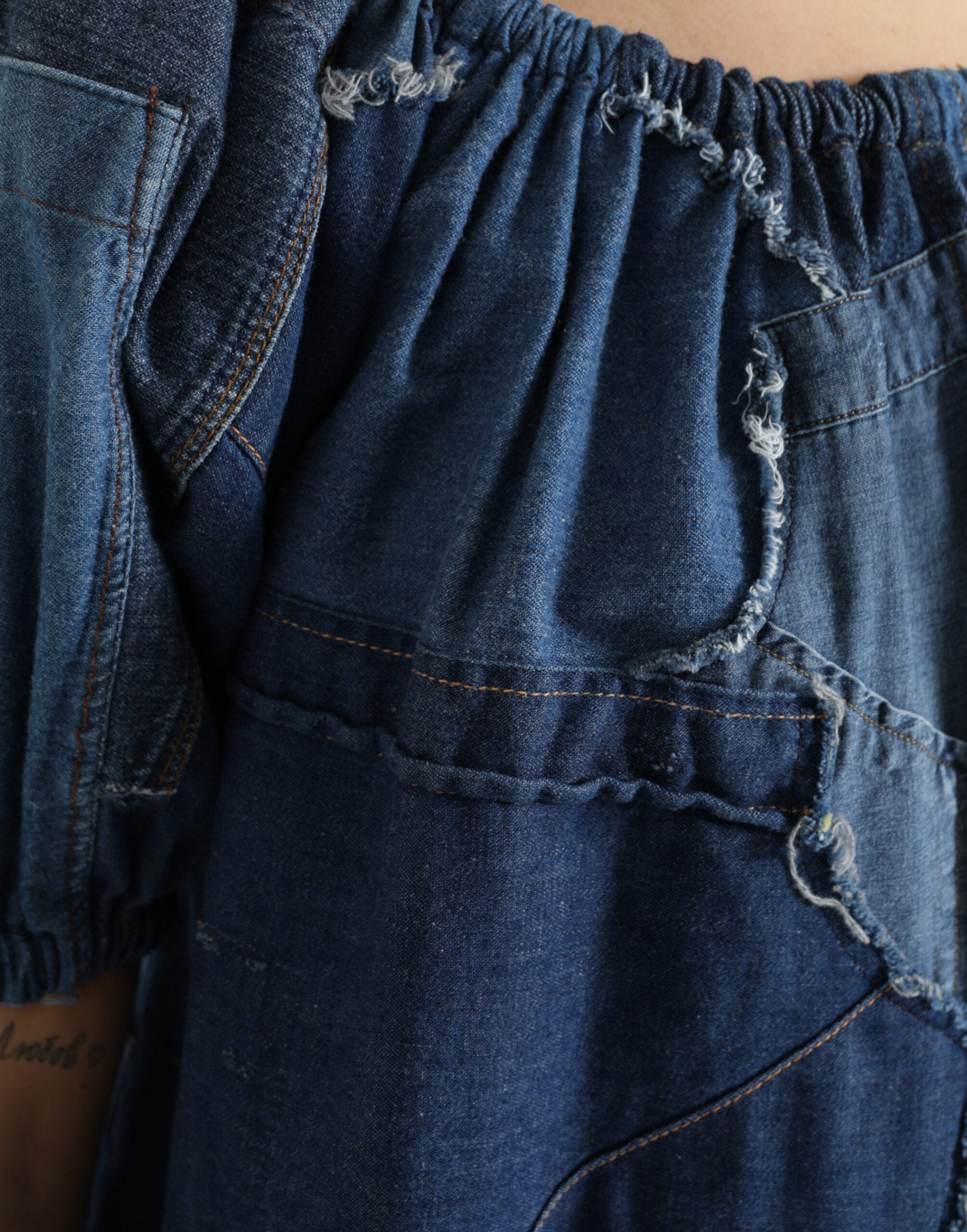 Blue Patchwork Short Sleeves Denim Blouse Top - ventzia