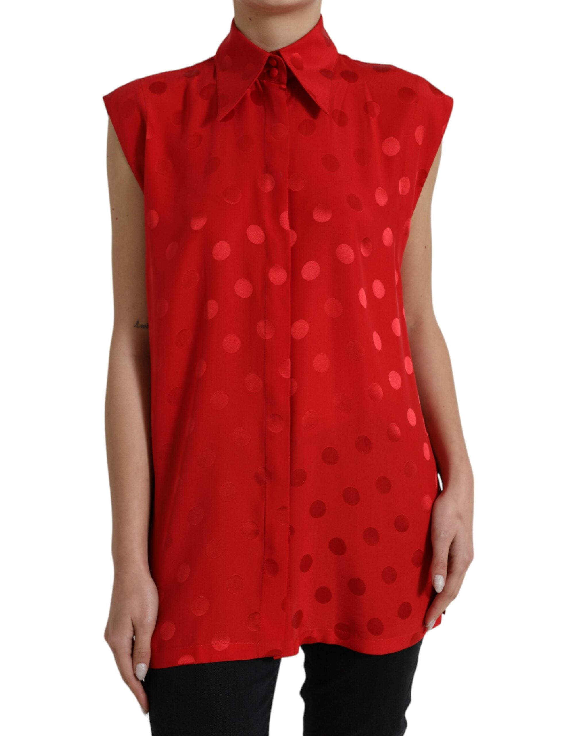 Red Polka Dot Sleeveless Collared Blouse Top - ventzia