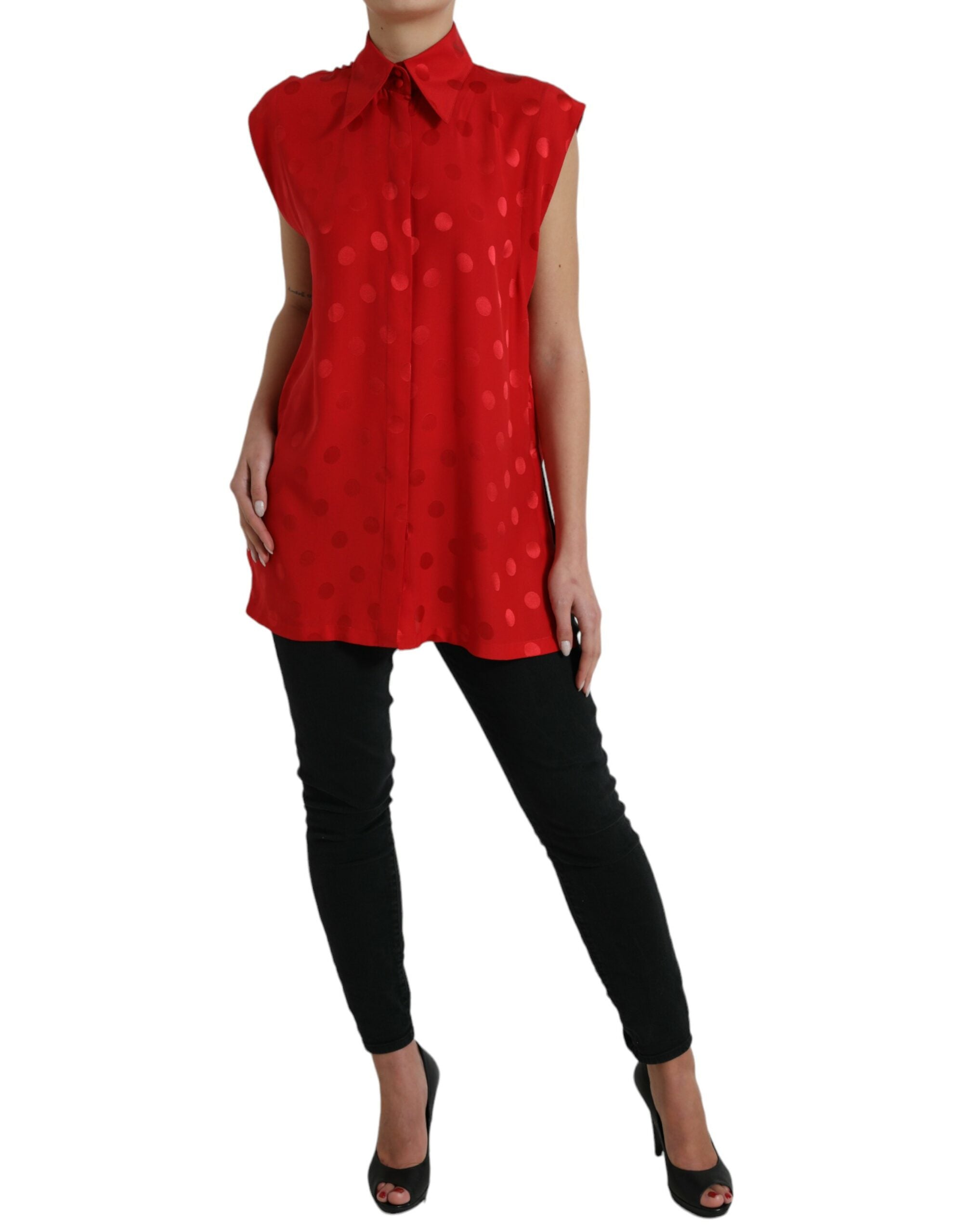Red Polka Dot Sleeveless Collared Blouse Top - ventzia