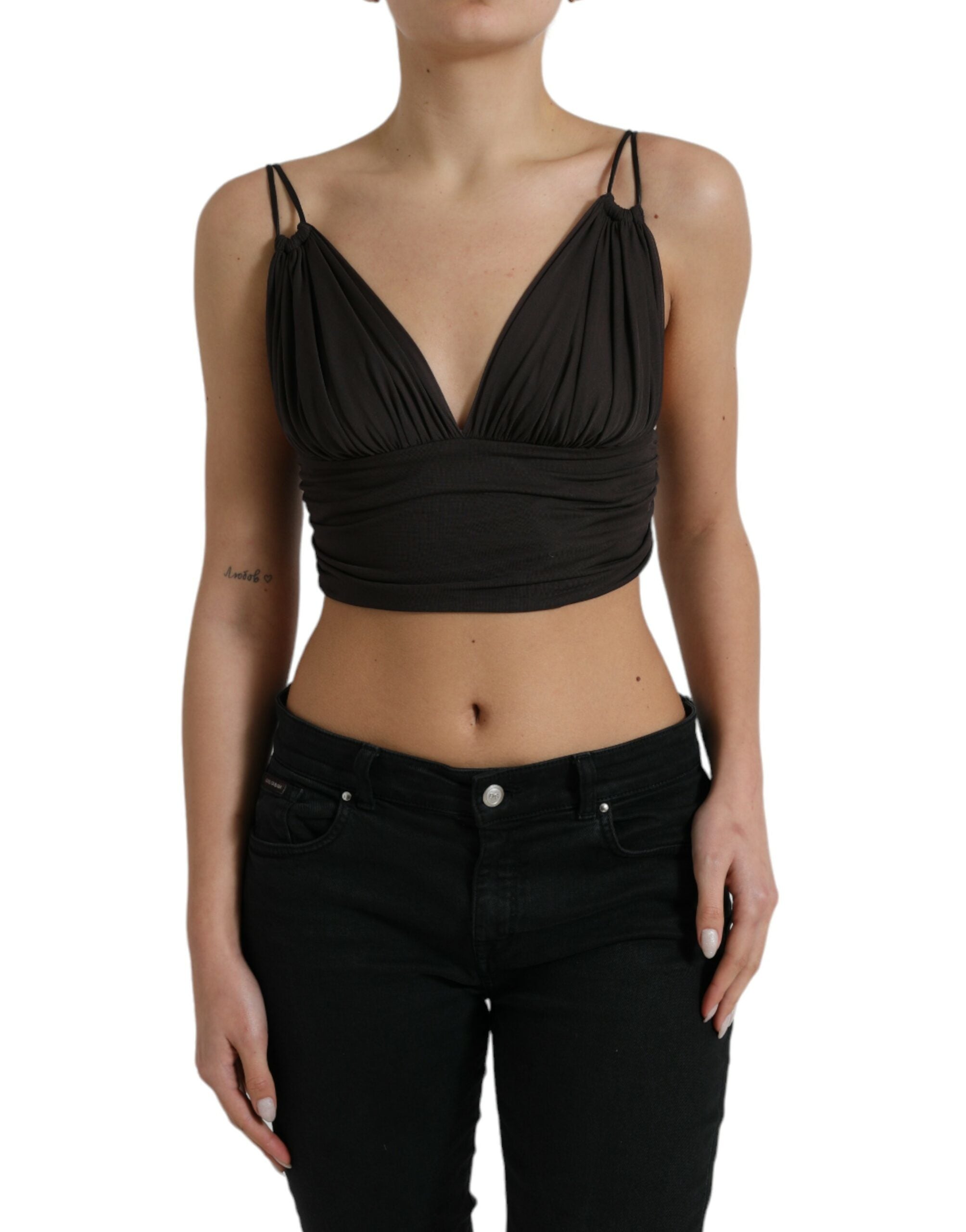 Brown Viscose Plunging V-neck Cropped Tank Top - ventzia