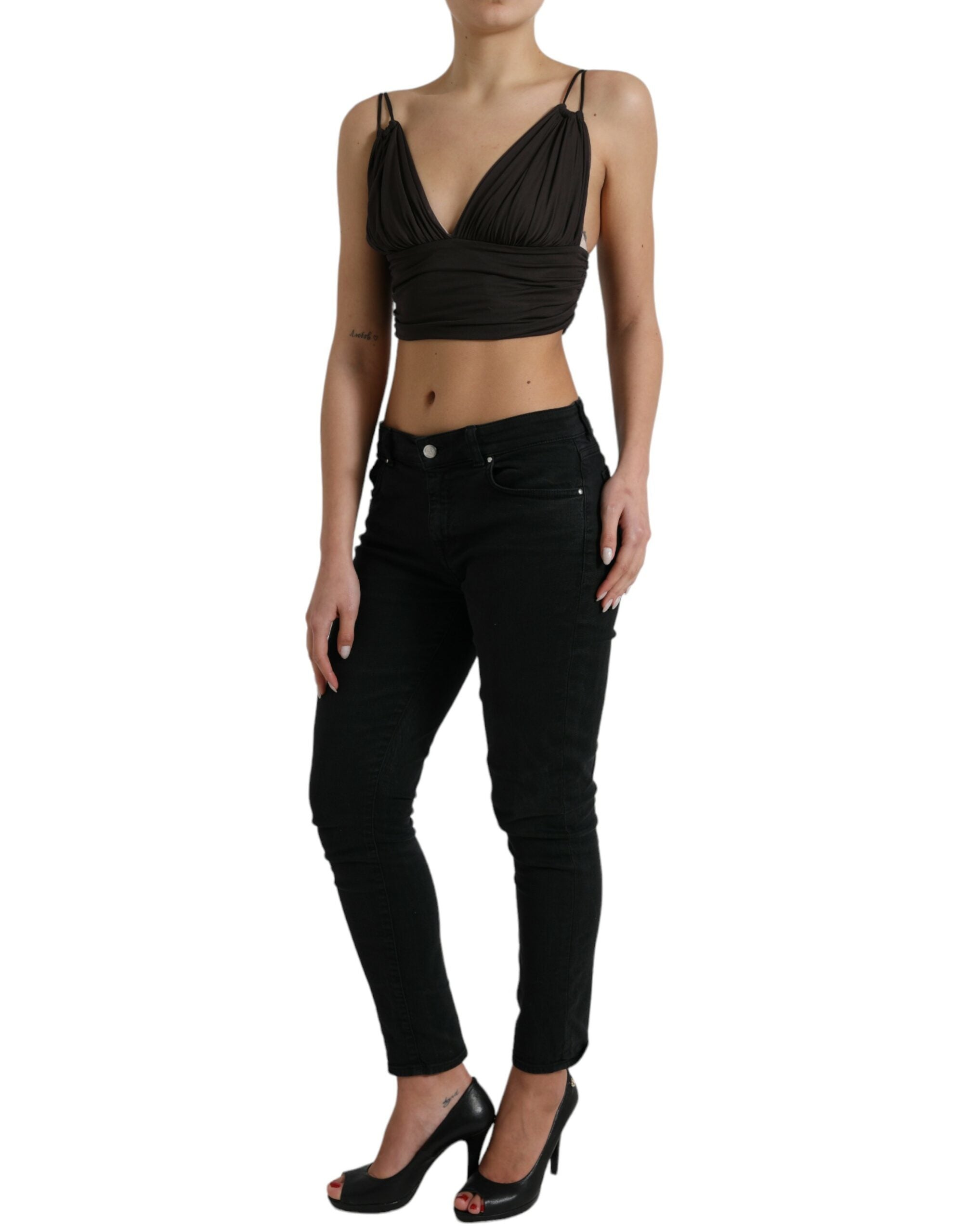 Brown Viscose Plunging V-neck Cropped Tank Top - ventzia