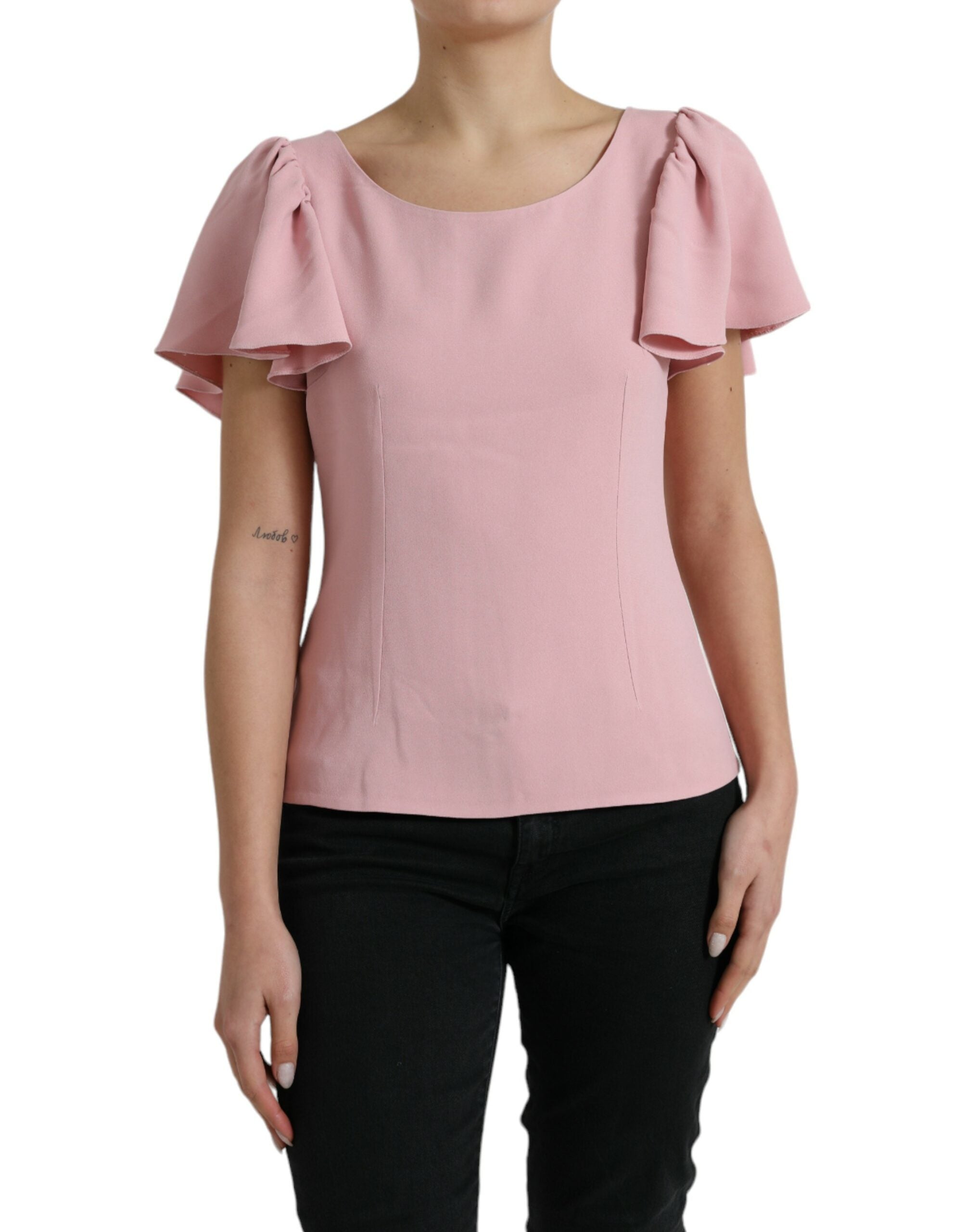 Pink Short Sleeves Round Neck Blouse Top - ventzia