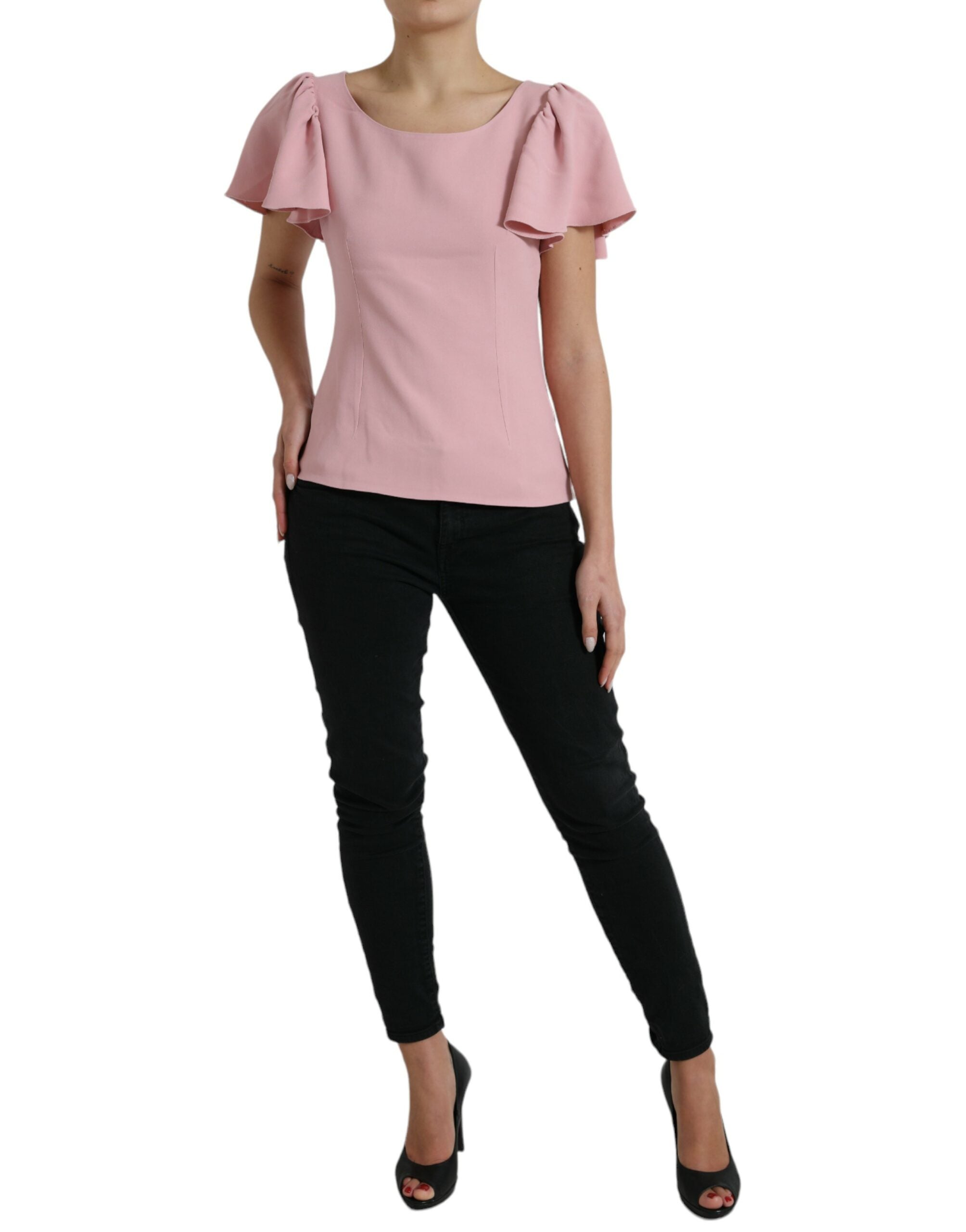 Pink Short Sleeves Round Neck Blouse Top - ventzia