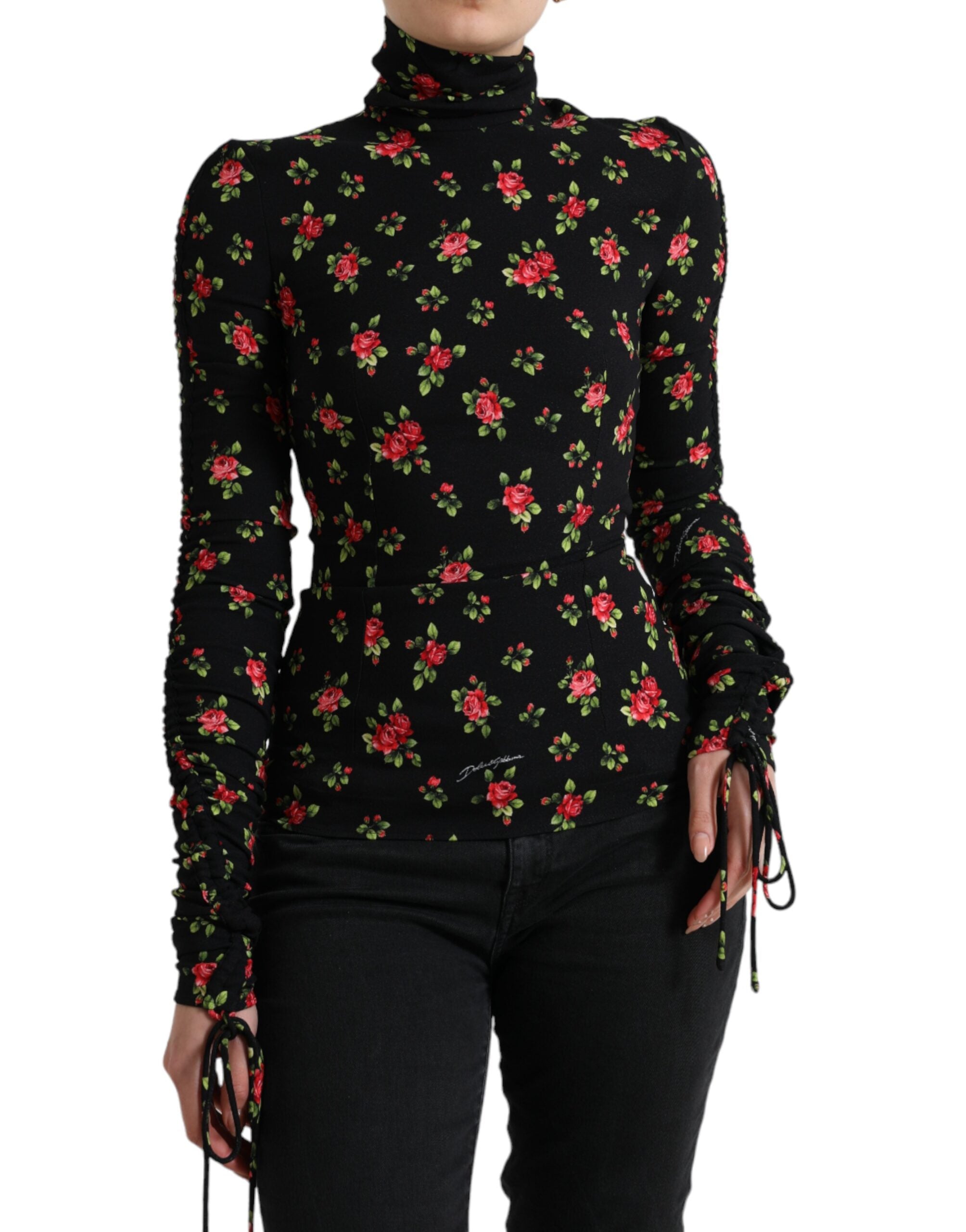 Black Rose Print Turtle Neck Blouse Top - ventzia