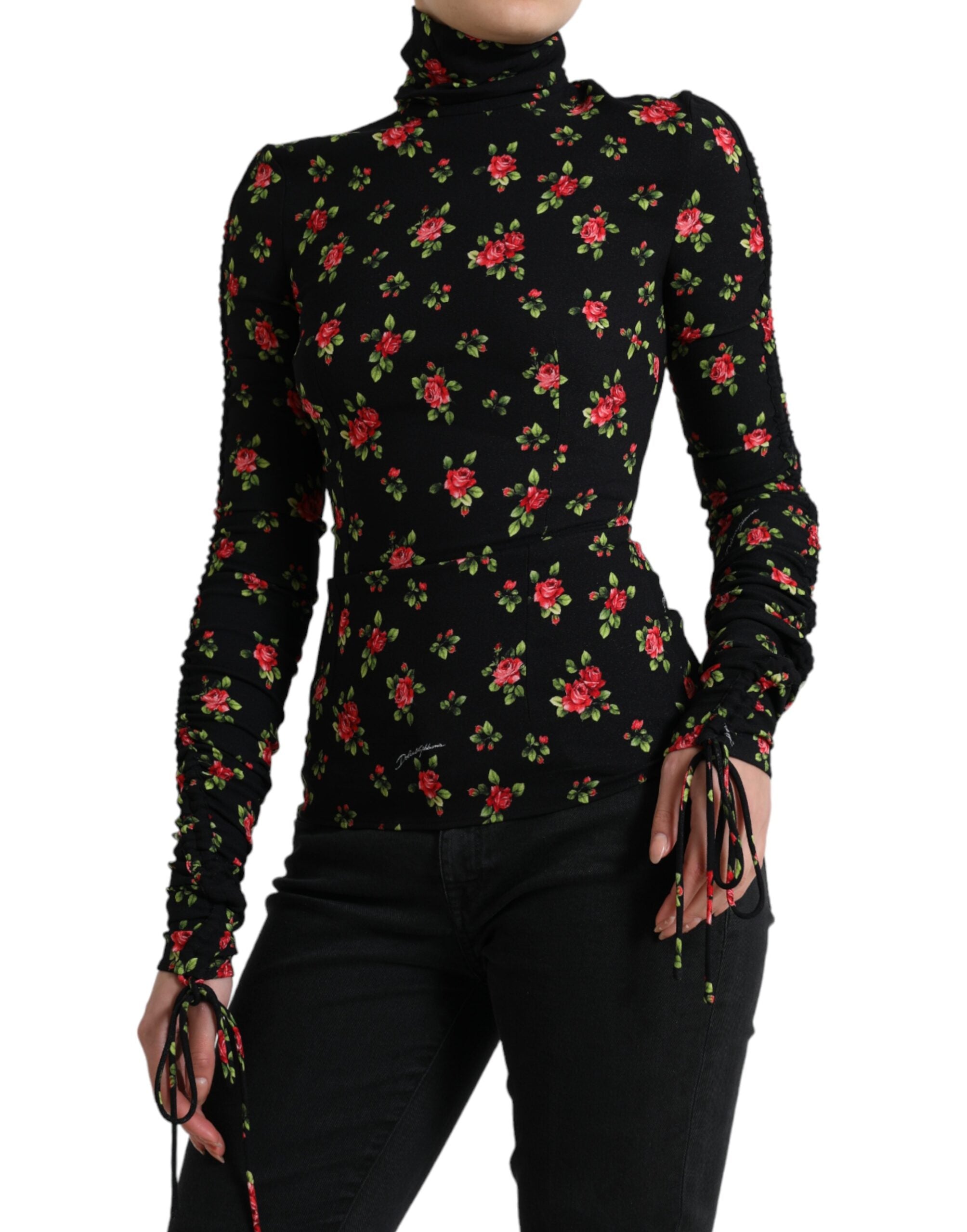 Black Rose Print Turtle Neck Blouse Top - ventzia