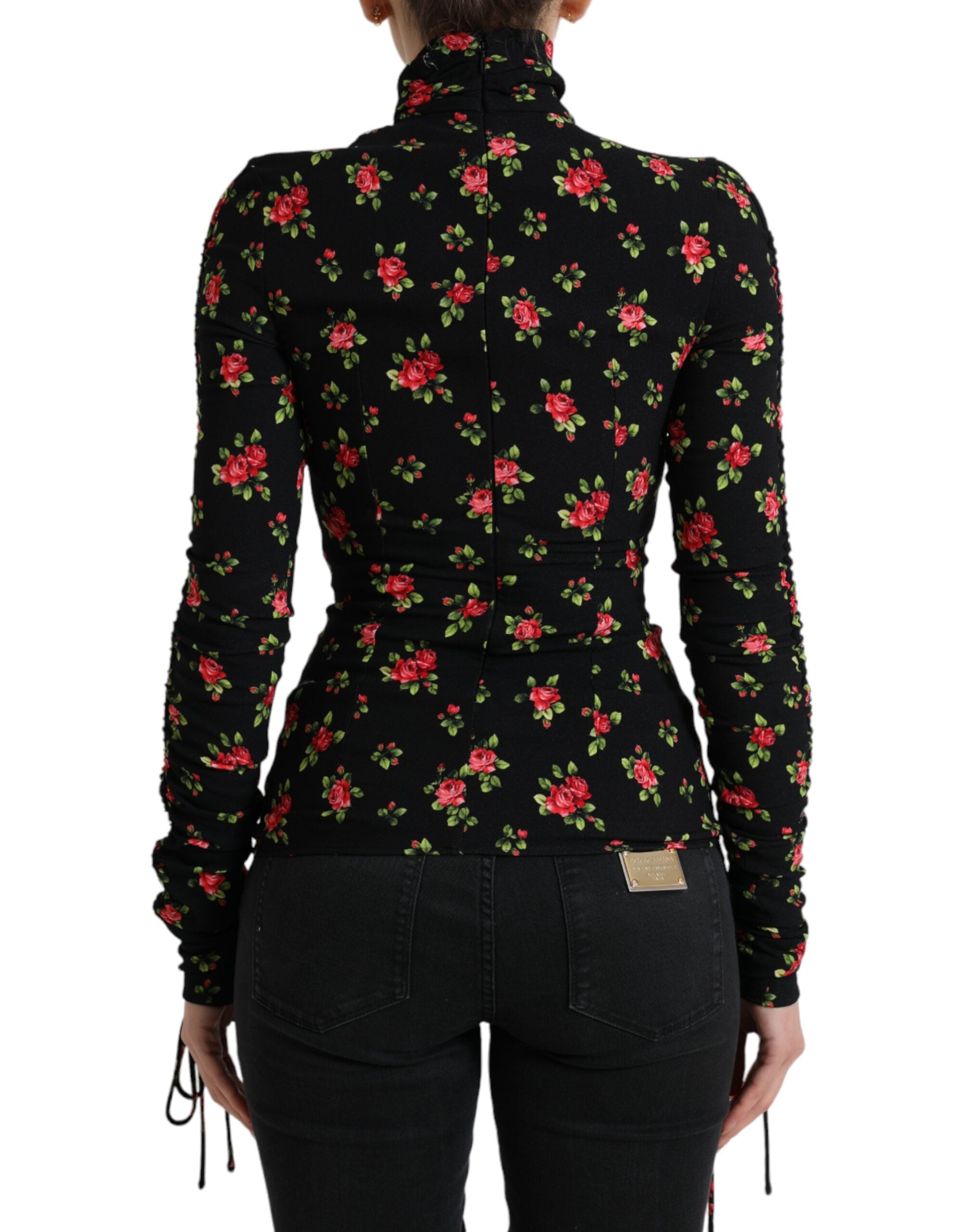 Black Rose Print Turtle Neck Blouse Top - ventzia